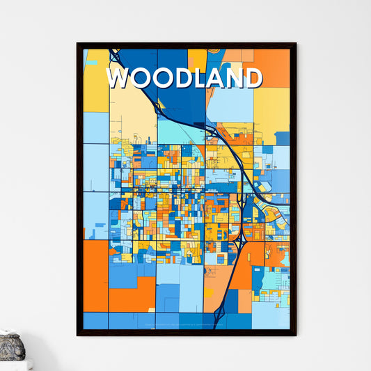 WOODLAND CALIFORNIA Vibrant Colorful Art Map Poster Blue Orange