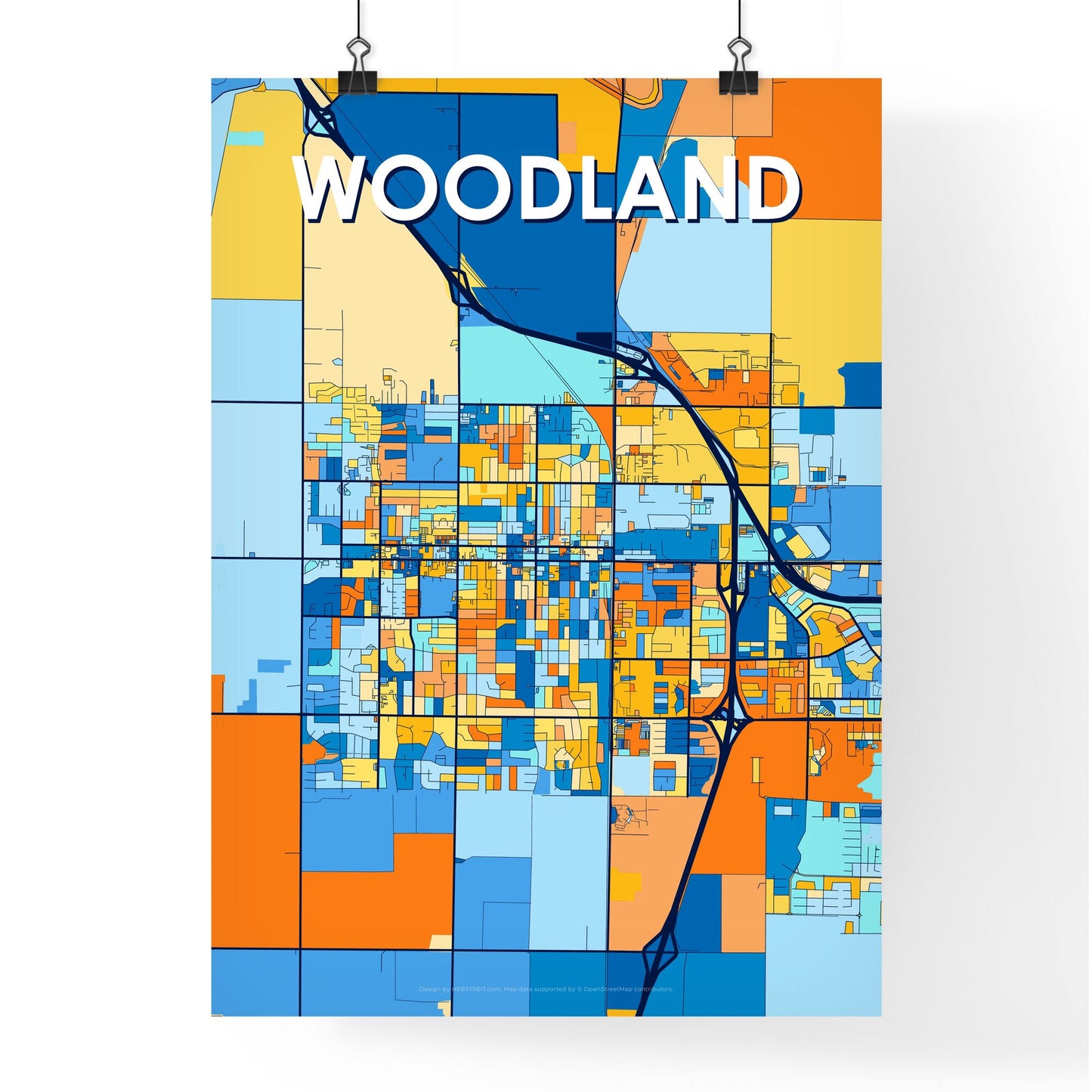 WOODLAND CALIFORNIA Vibrant Colorful Art Map Poster Blue Orange