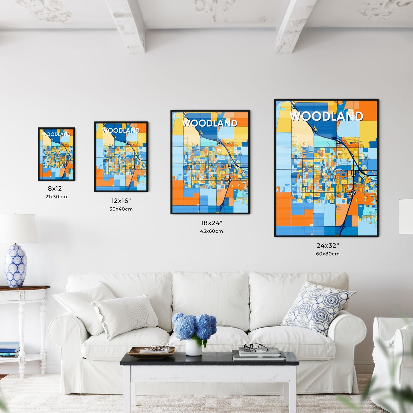 WOODLAND CALIFORNIA Vibrant Colorful Art Map Poster Blue Orange