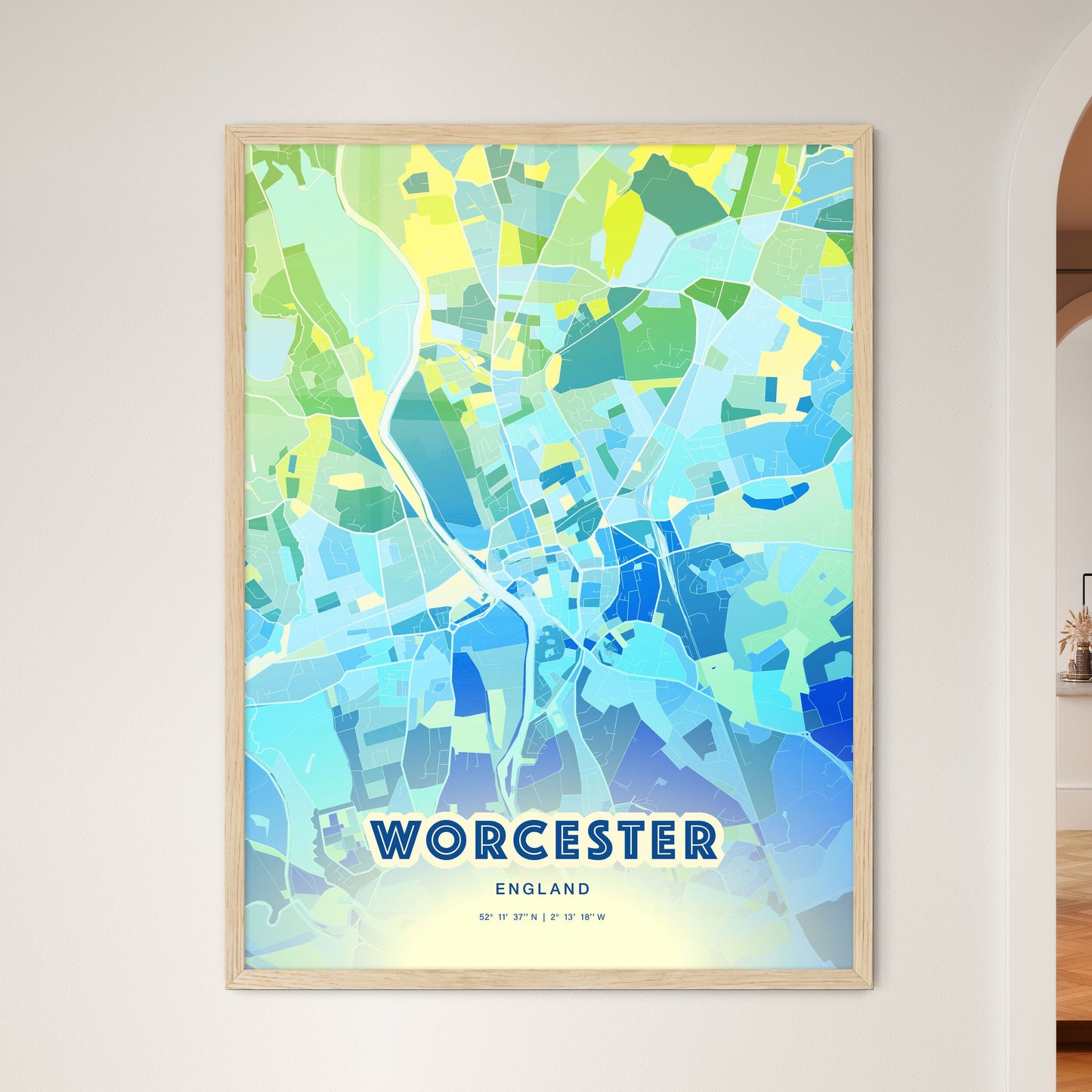 Colorful Worcester England Fine Art Map Cool Blue