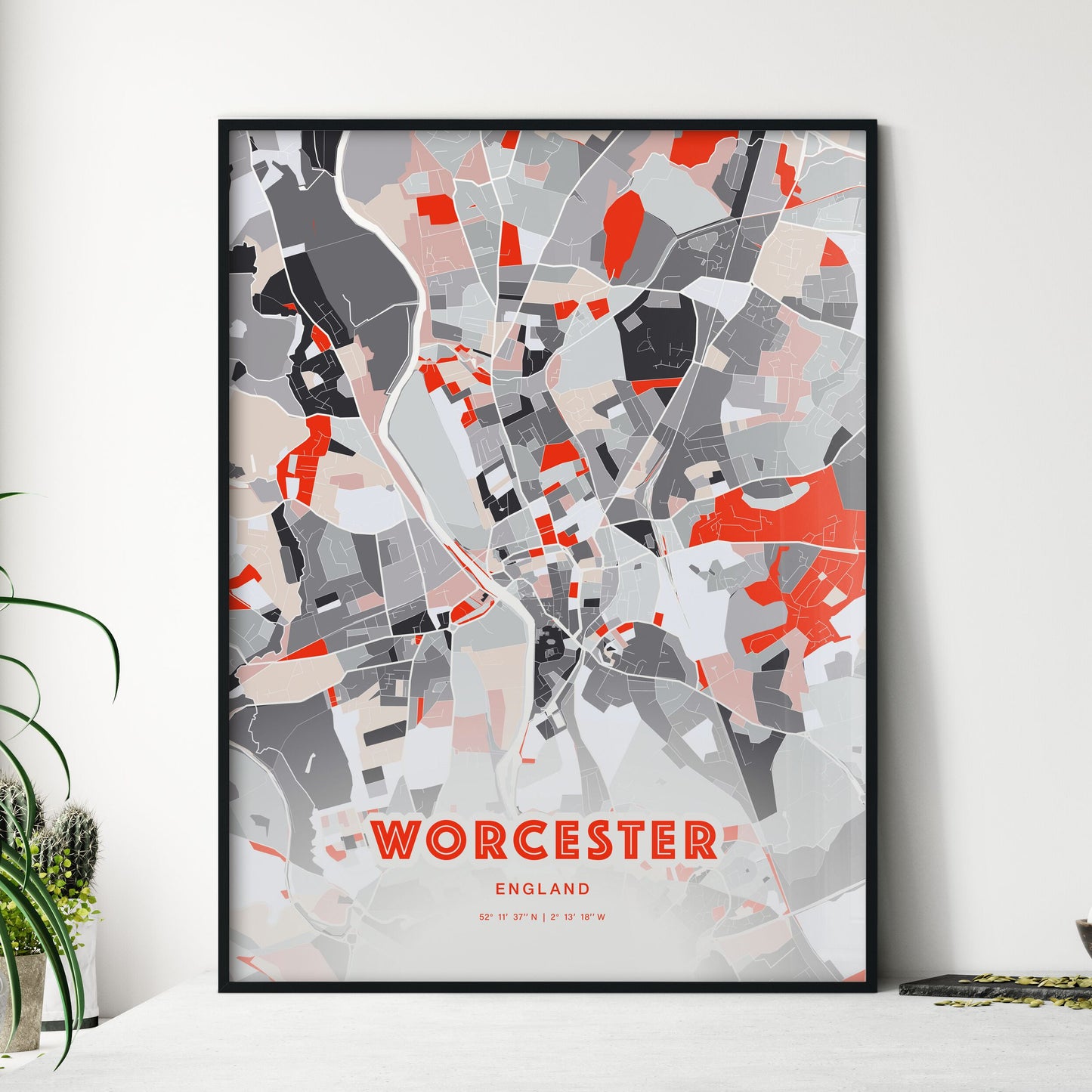 Colorful Worcester England Fine Art Map Modern Expressive