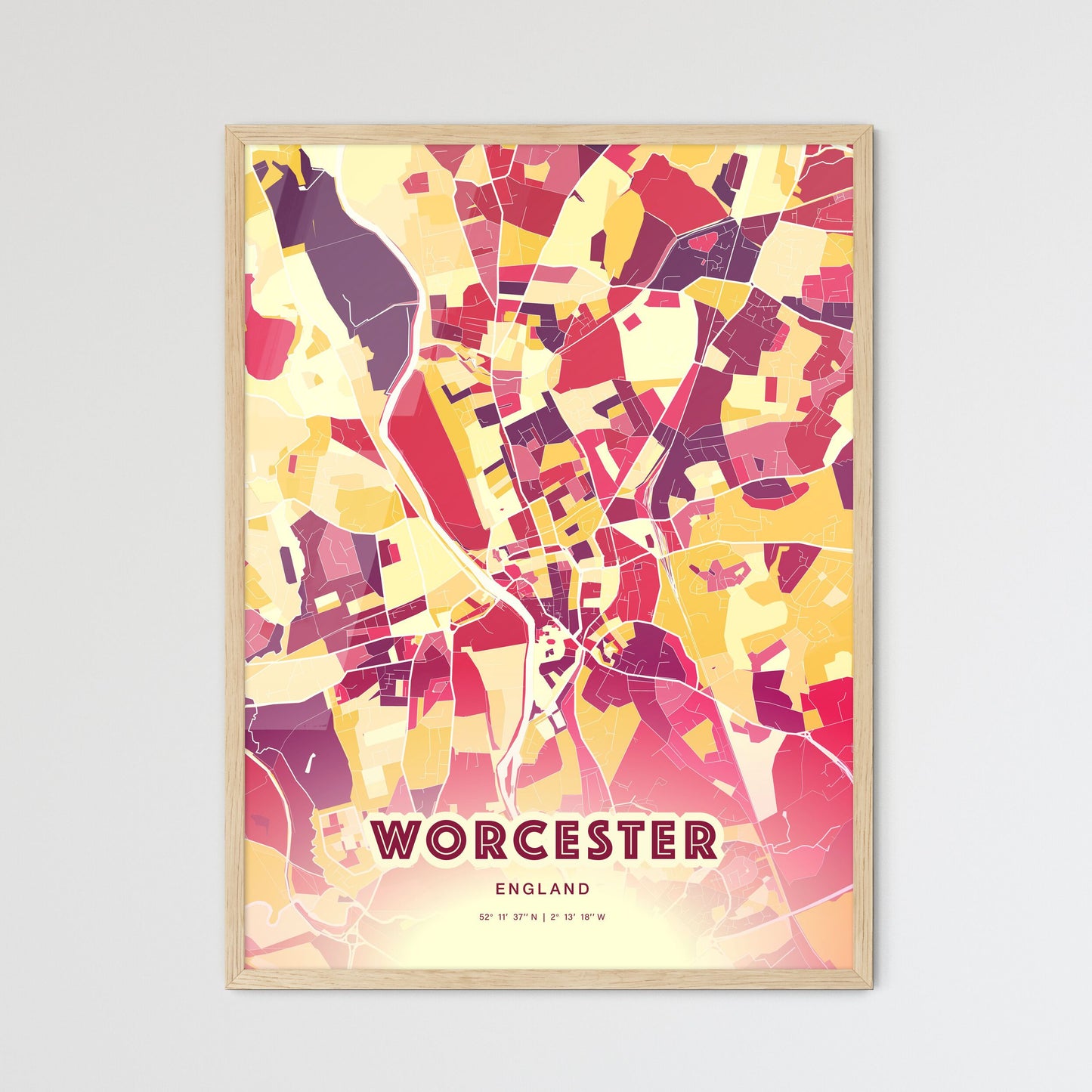 Colorful Worcester England Fine Art Map Hot Red
