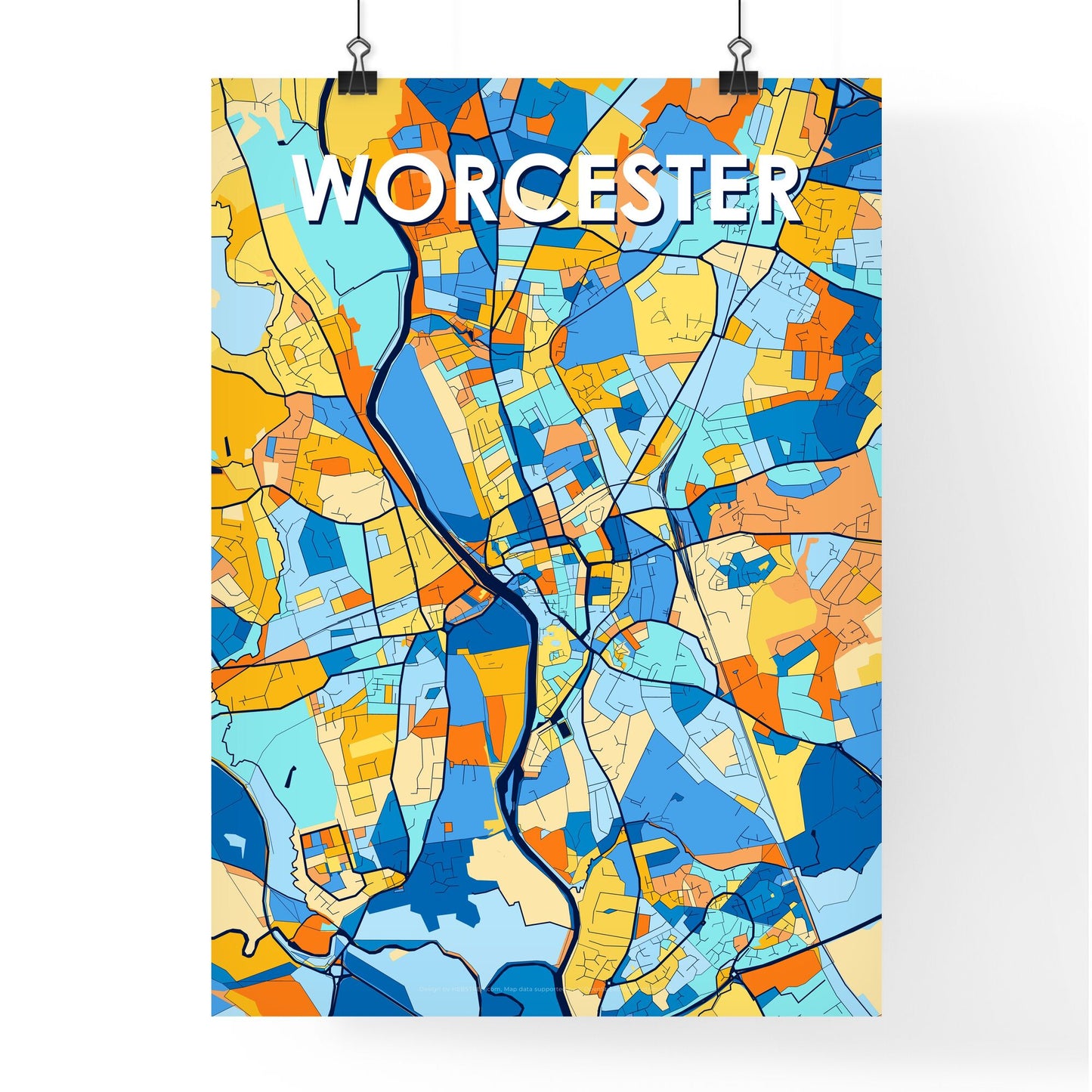 WORCESTER ENGLAND Vibrant Colorful Art Map Poster Blue Orange