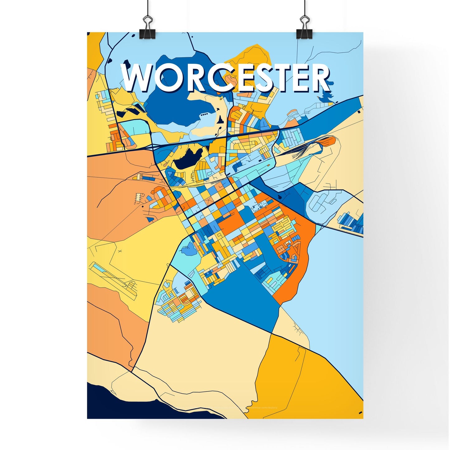 WORCESTER SOUTH AFRICA Vibrant Colorful Art Map Poster Blue Orange