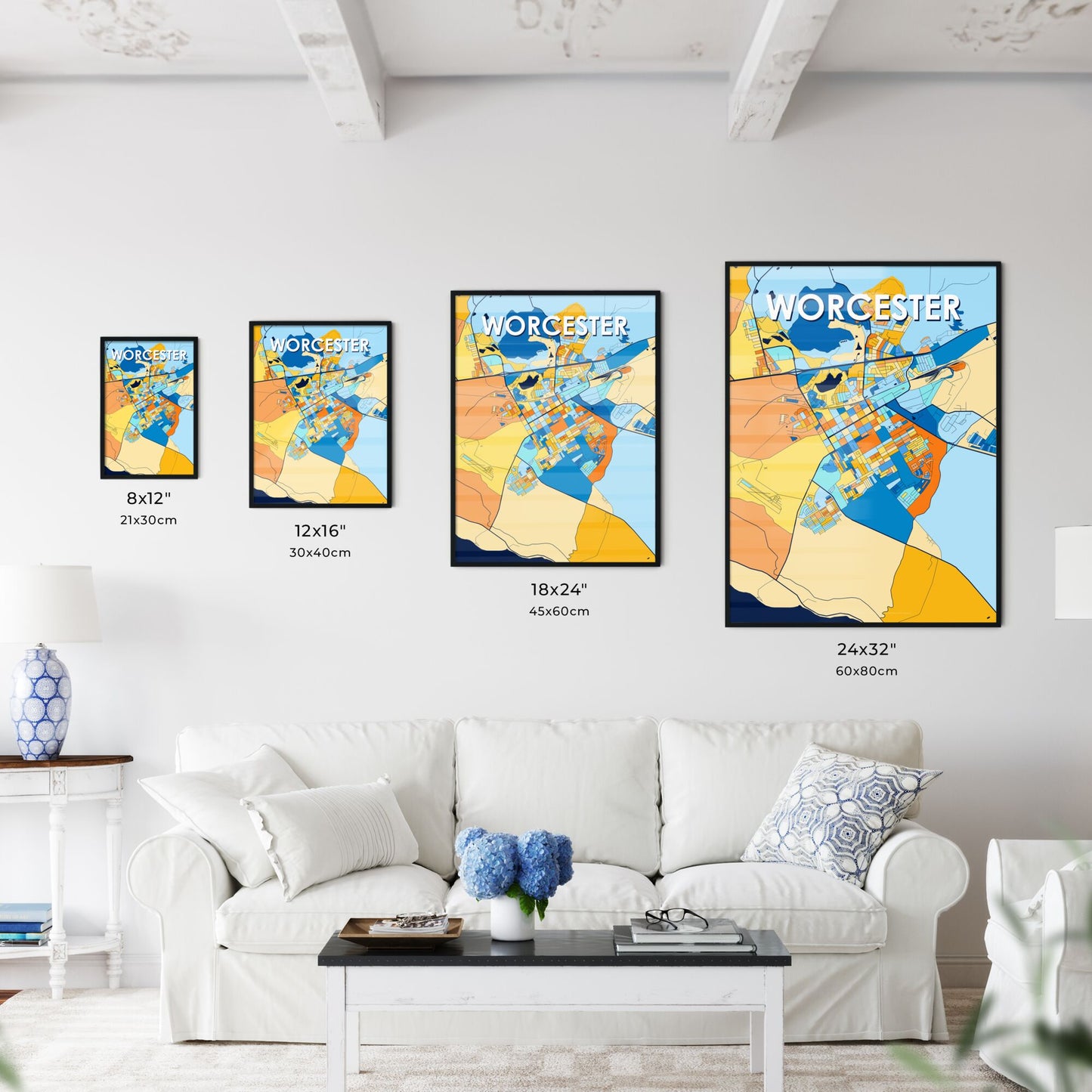 WORCESTER SOUTH AFRICA Vibrant Colorful Art Map Poster Blue Orange