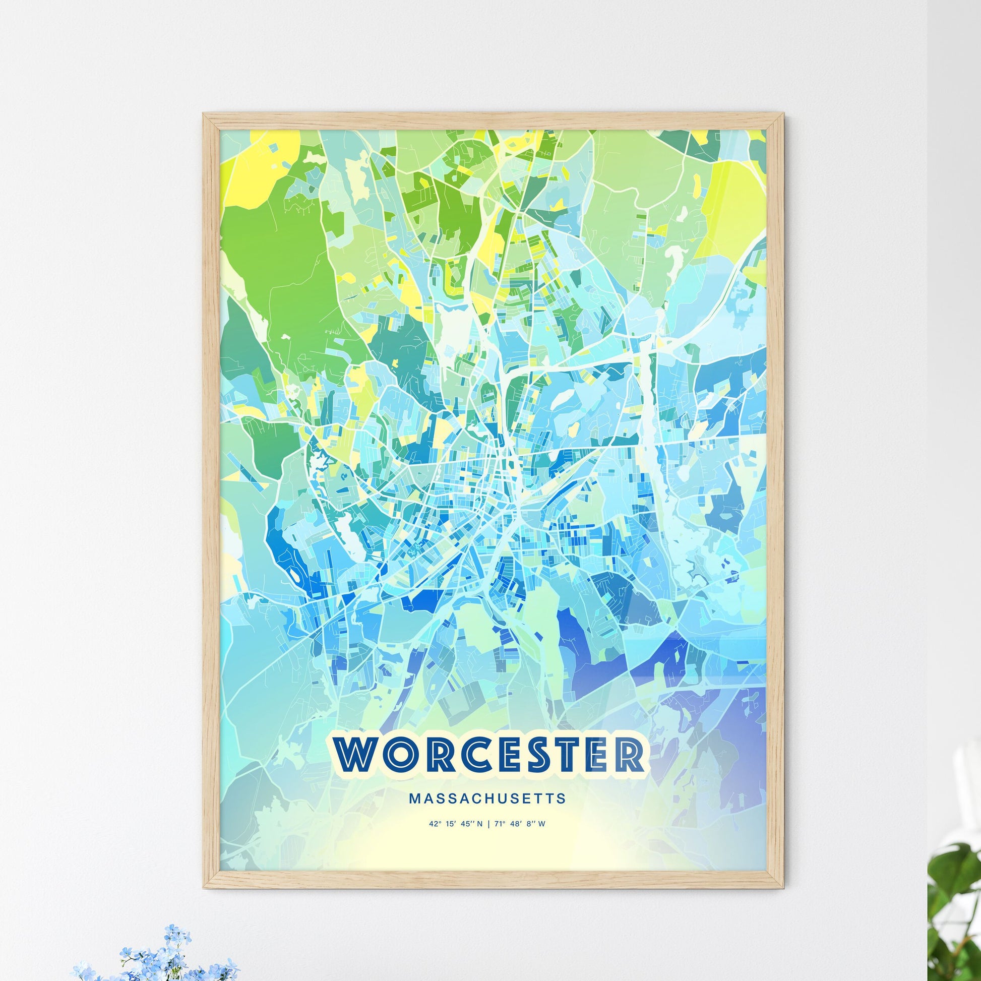Colorful Worcester Massachusetts Fine Art Map Cool Blue