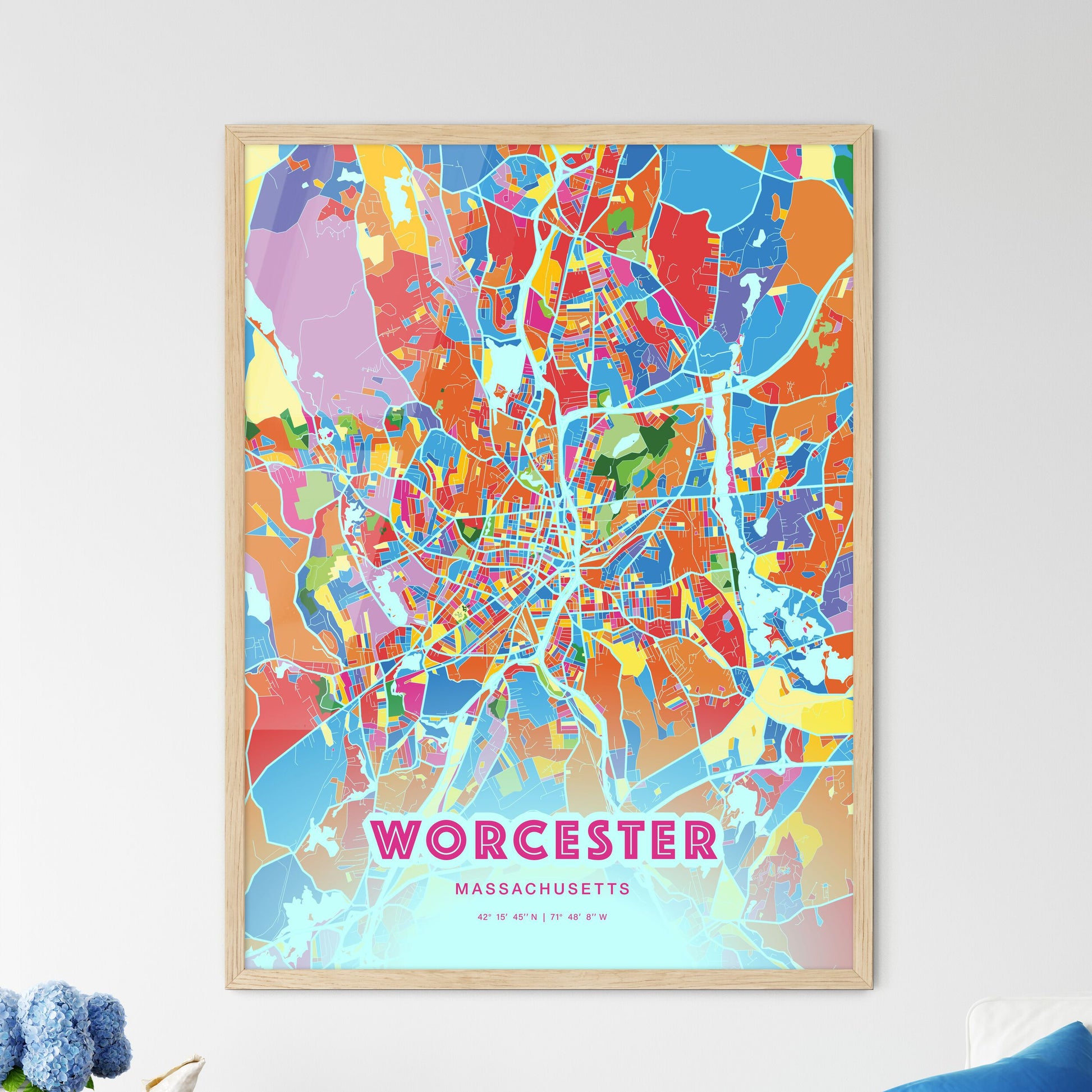 Colorful Worcester Massachusetts Fine Art Map Crazy Colors