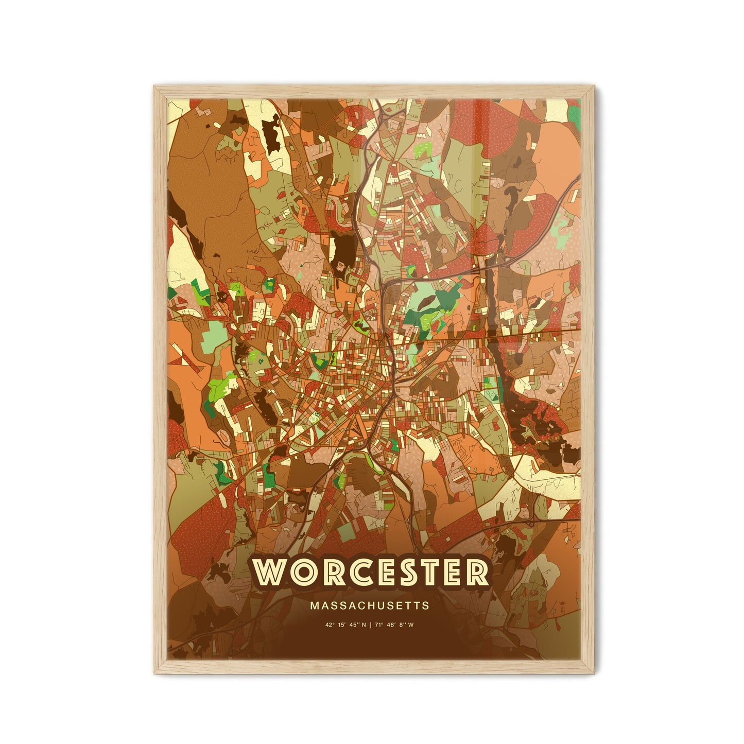 Colorful Worcester Massachusetts Fine Art Map Farmhouse