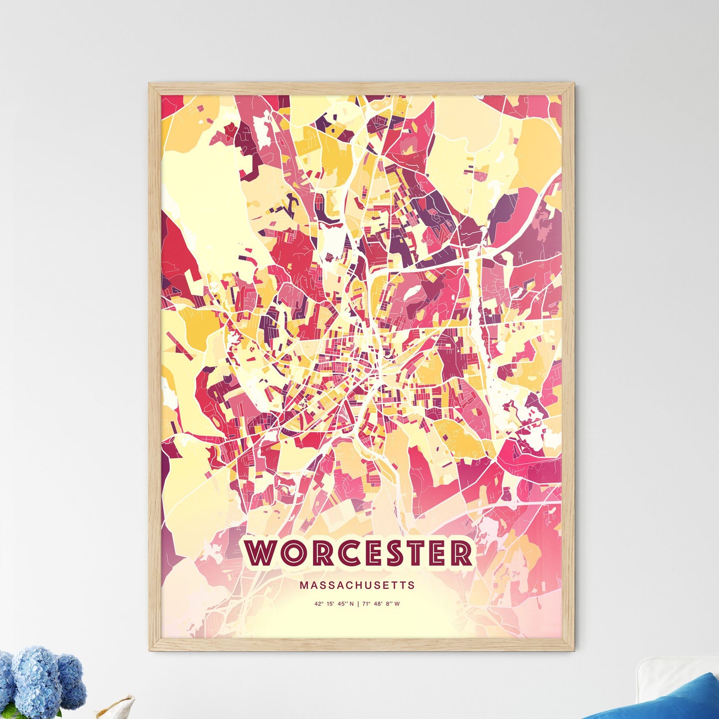 Colorful Worcester Massachusetts Fine Art Map Hot Red