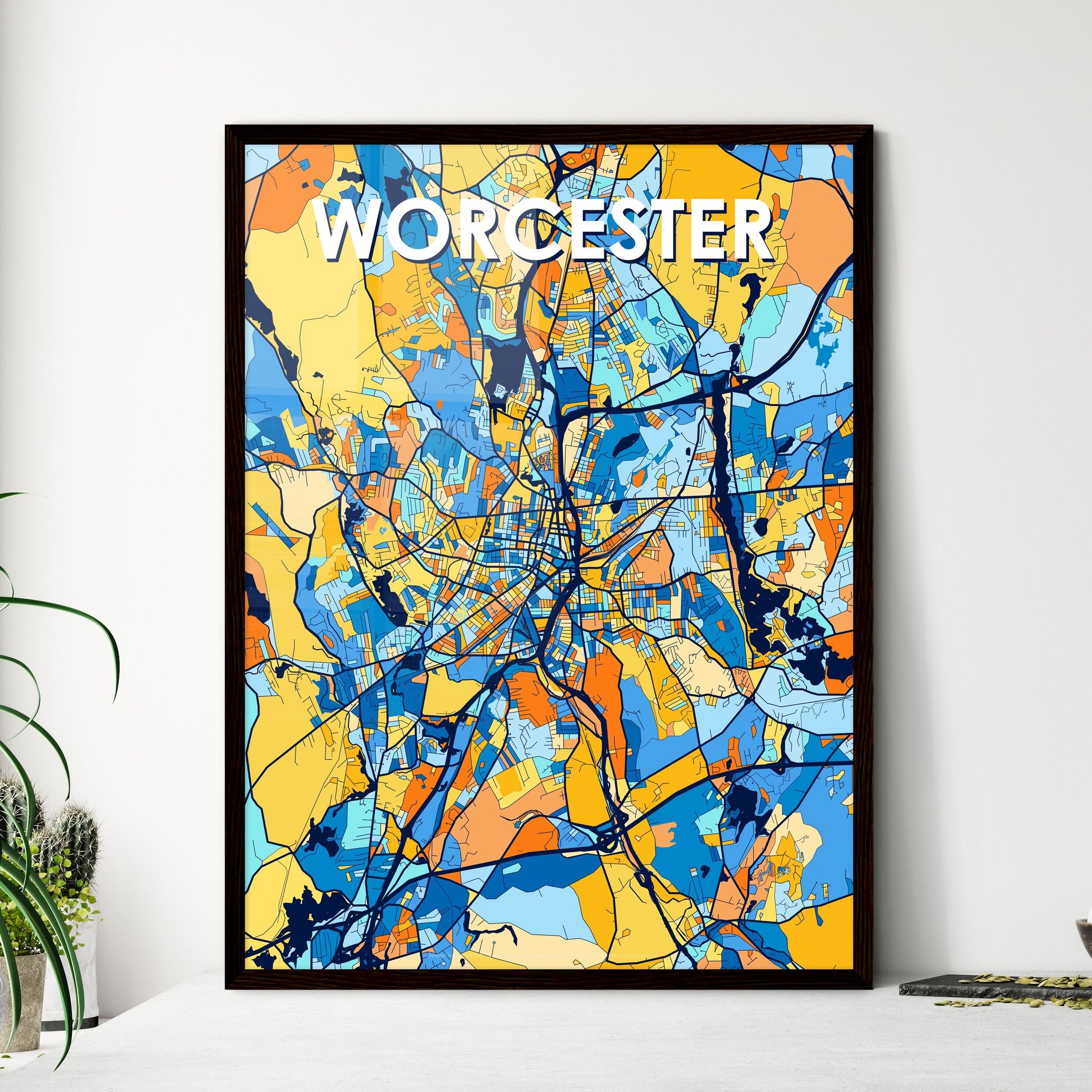 WORCESTER MASSACHUSETTS Vibrant Colorful Art Map Poster Blue Orange