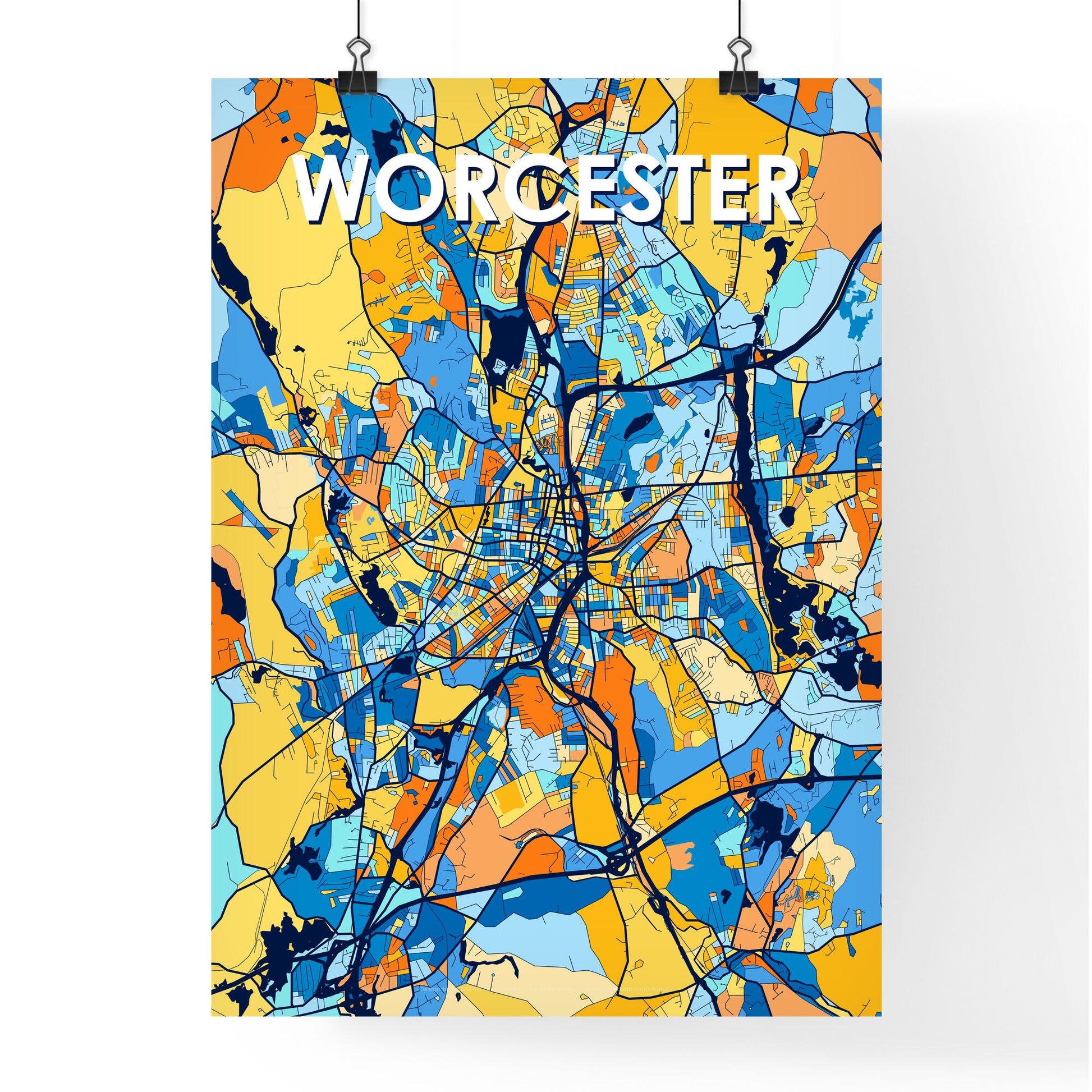 WORCESTER MASSACHUSETTS Vibrant Colorful Art Map Poster Blue Orange