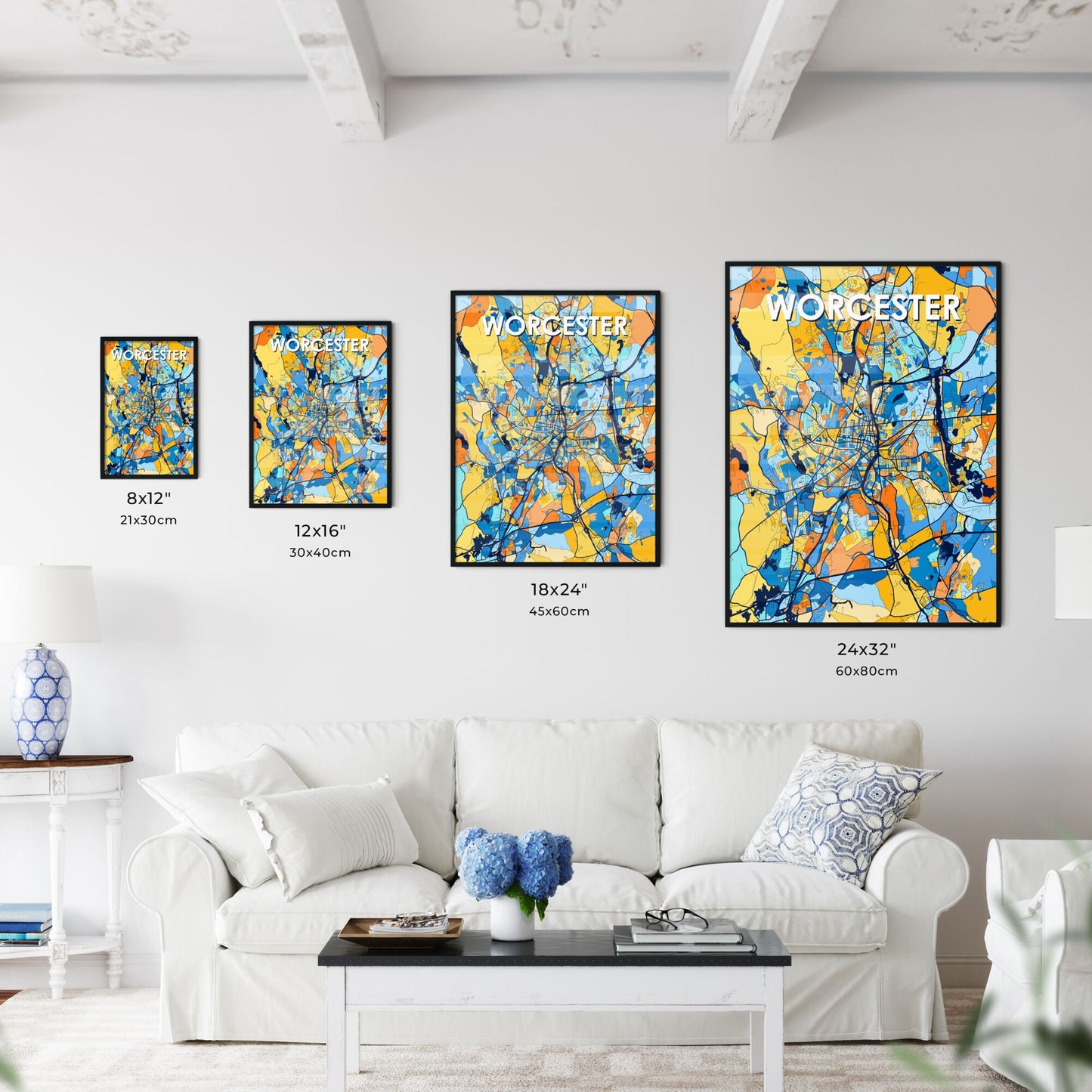 WORCESTER MASSACHUSETTS Vibrant Colorful Art Map Poster Blue Orange