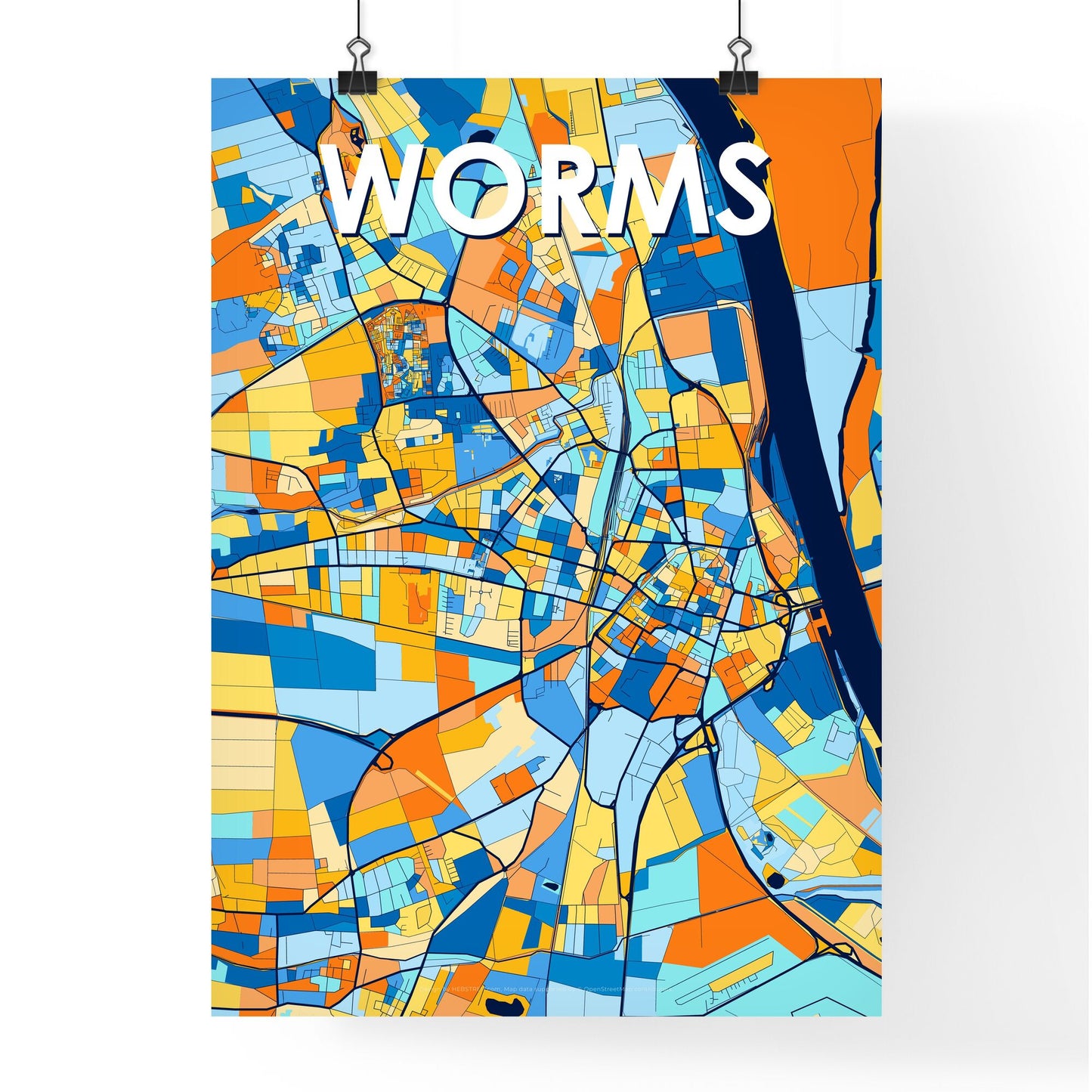 WORMS GERMANY Vibrant Colorful Art Map Poster Blue Orange