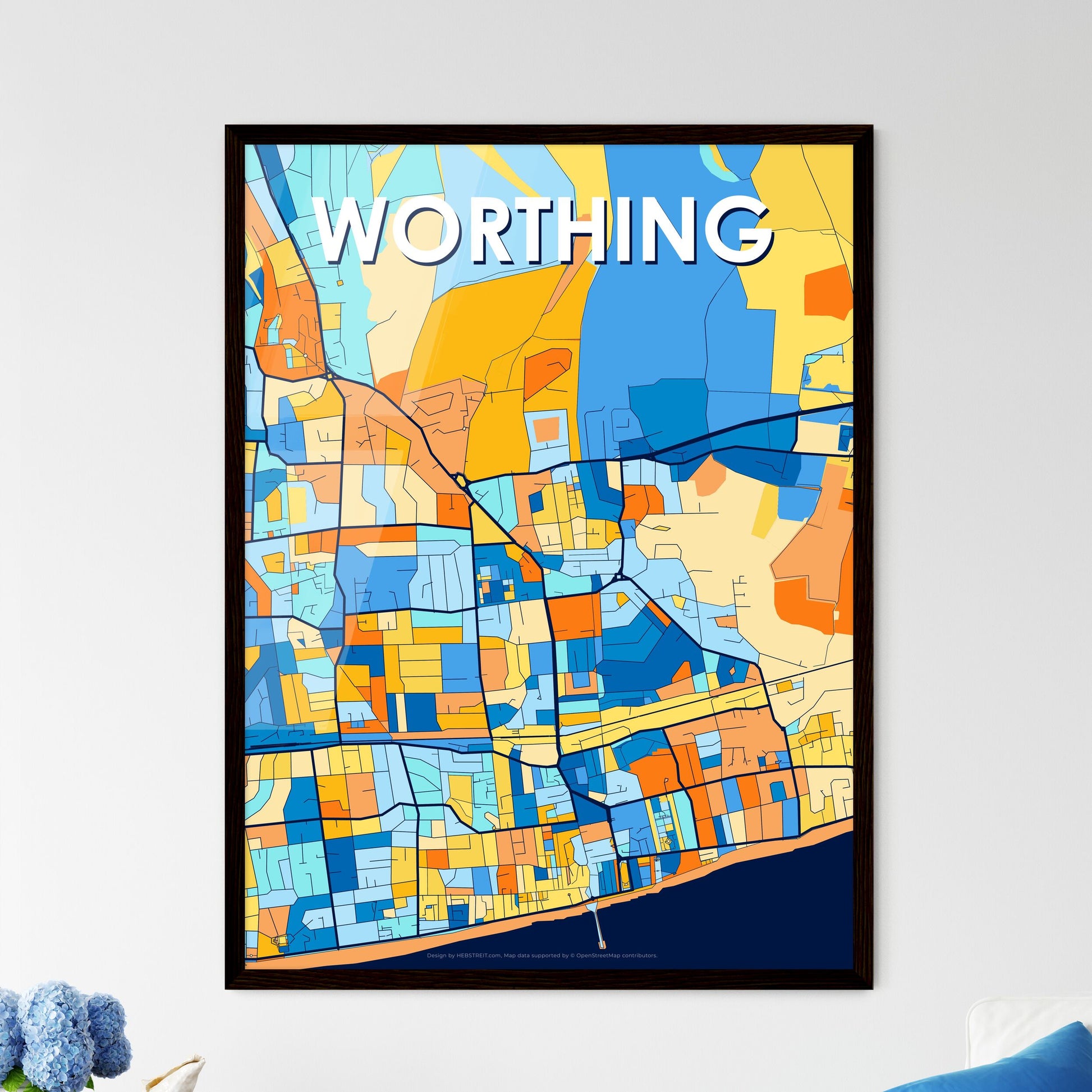 WORTHING ENGLAND Vibrant Colorful Art Map Poster Blue Orange