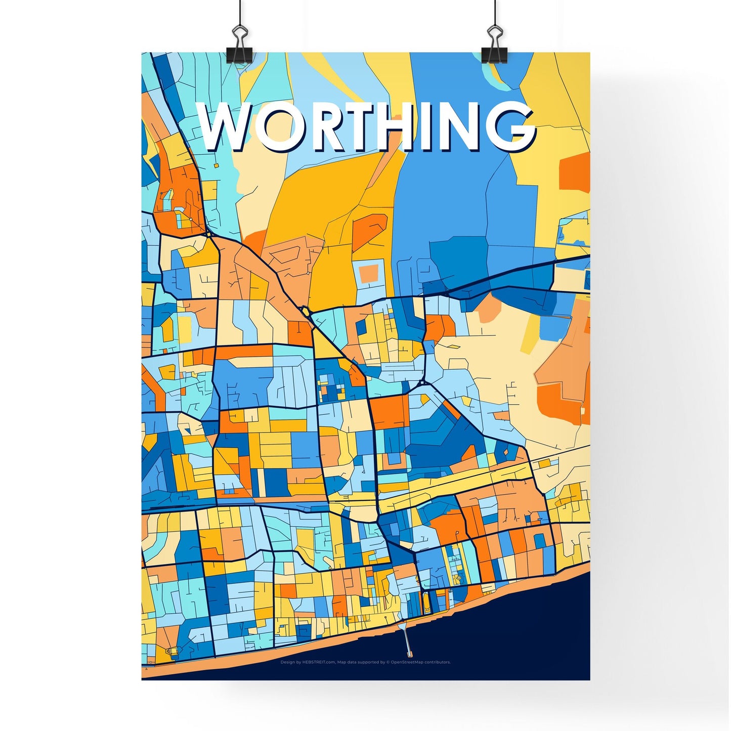 WORTHING ENGLAND Vibrant Colorful Art Map Poster Blue Orange