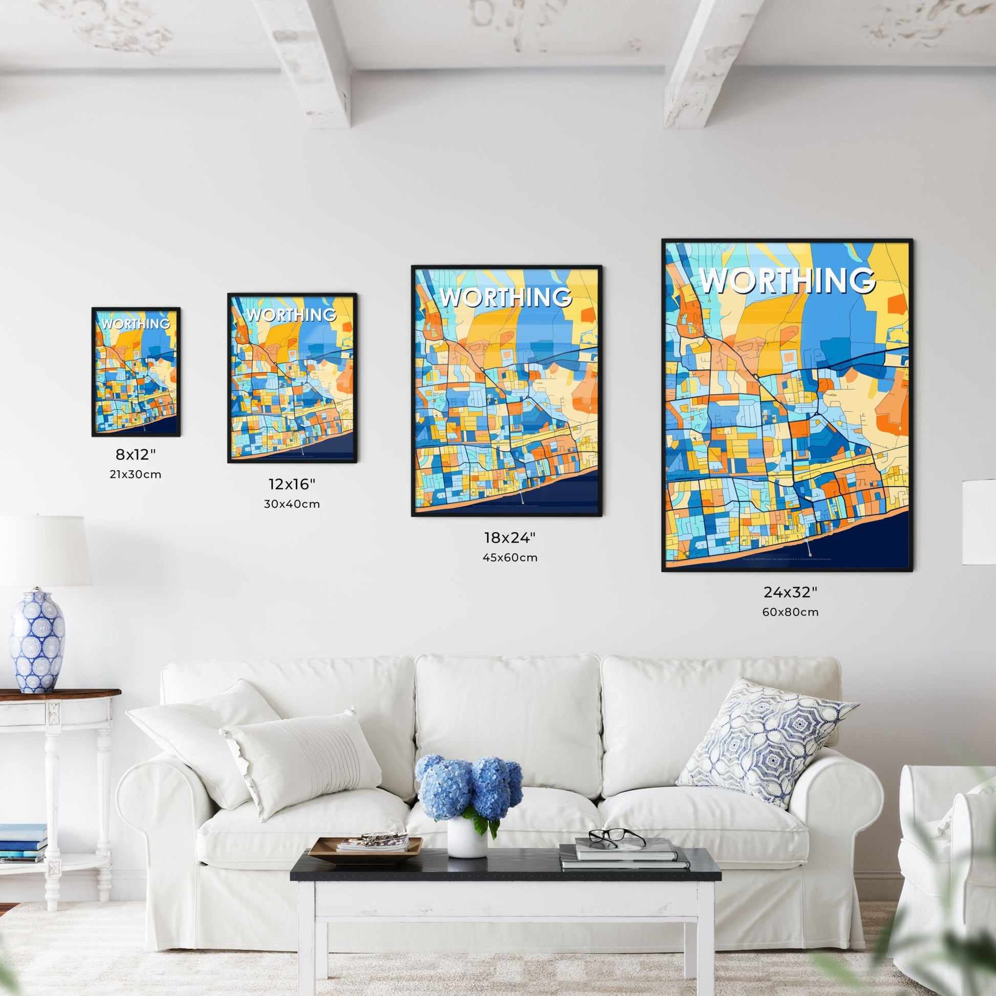 WORTHING ENGLAND Vibrant Colorful Art Map Poster Blue Orange