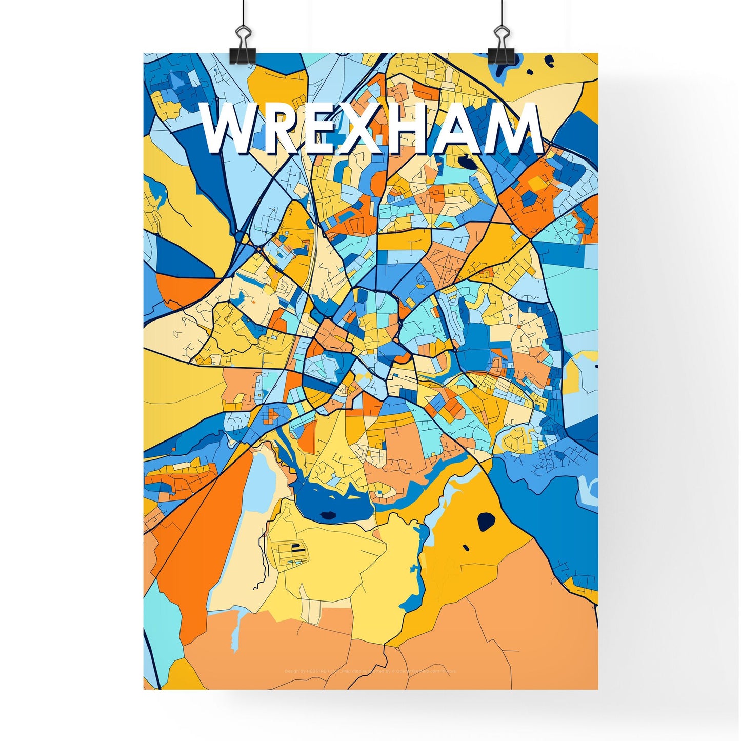 WREXHAM WALES Vibrant Colorful Art Map Poster Blue Orange