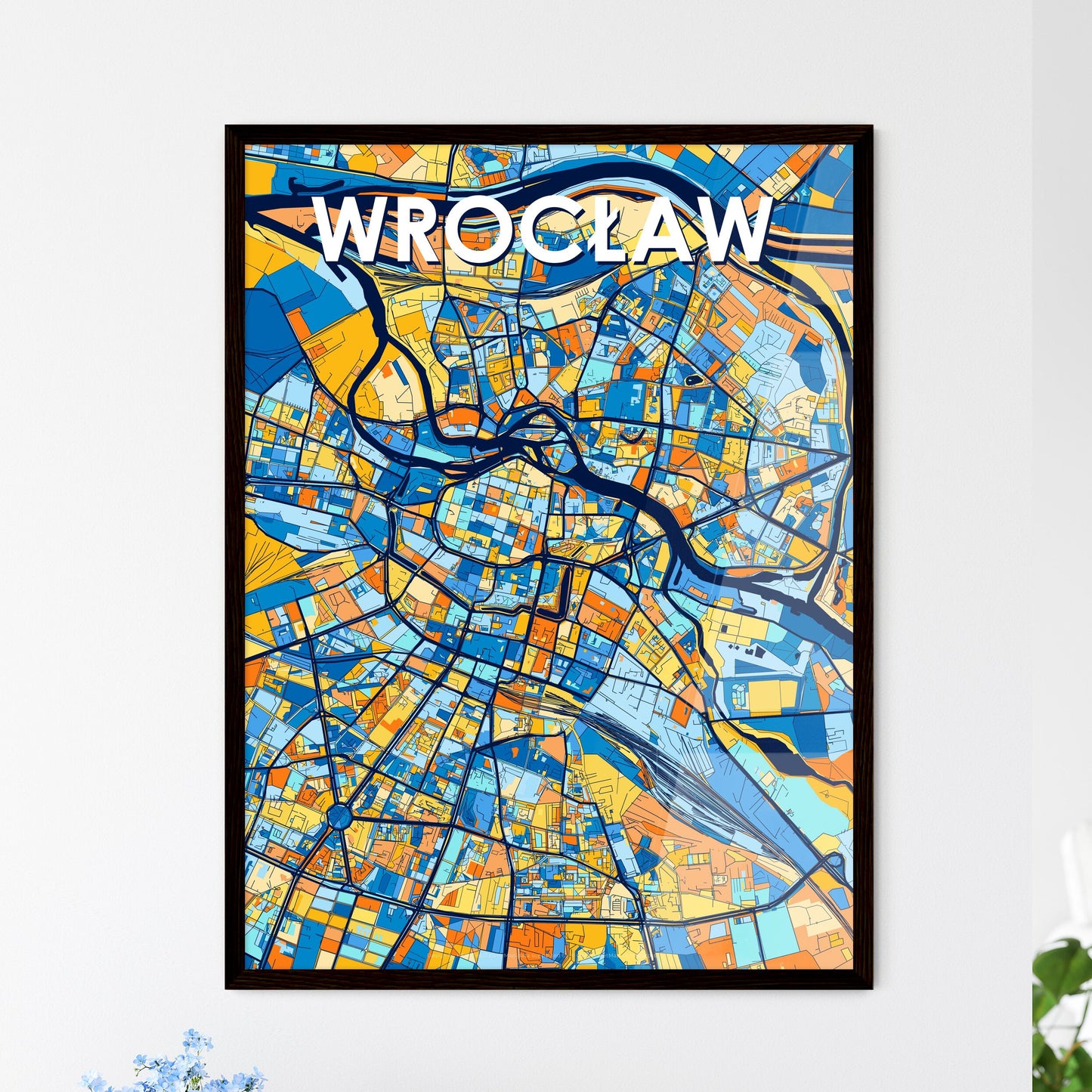 WROCŁAW POLAND Vibrant Colorful Art Map Poster Blue Orange