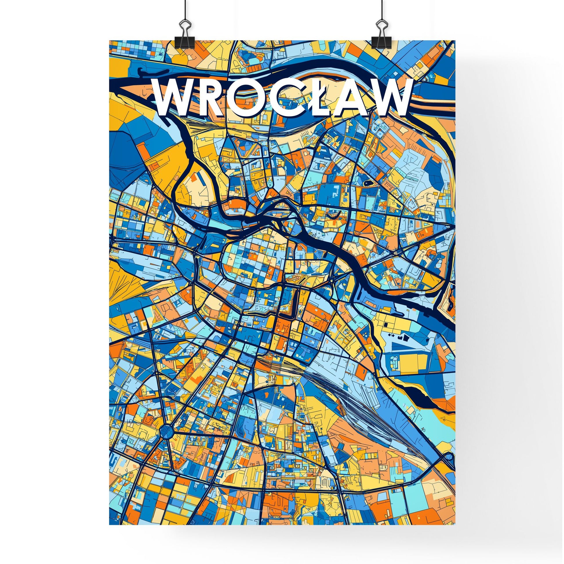 WROCŁAW POLAND Vibrant Colorful Art Map Poster Blue Orange