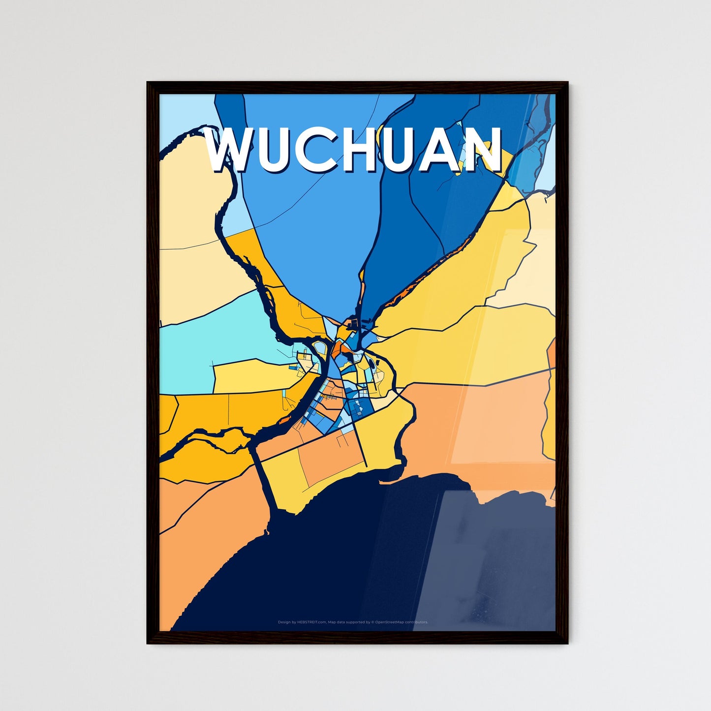 WUCHUAN CHINA Vibrant Colorful Art Map Poster Blue Orange