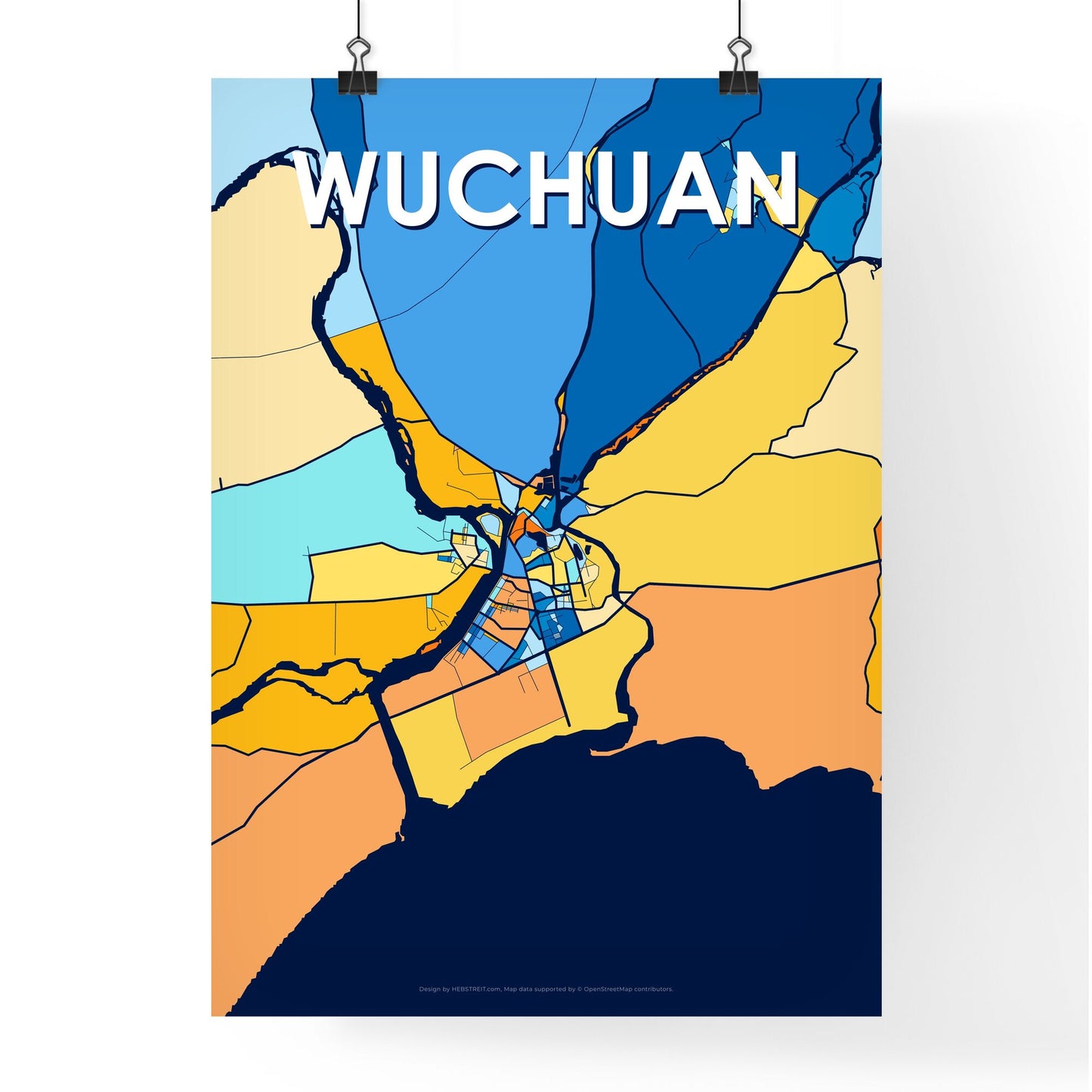 WUCHUAN CHINA Vibrant Colorful Art Map Poster Blue Orange