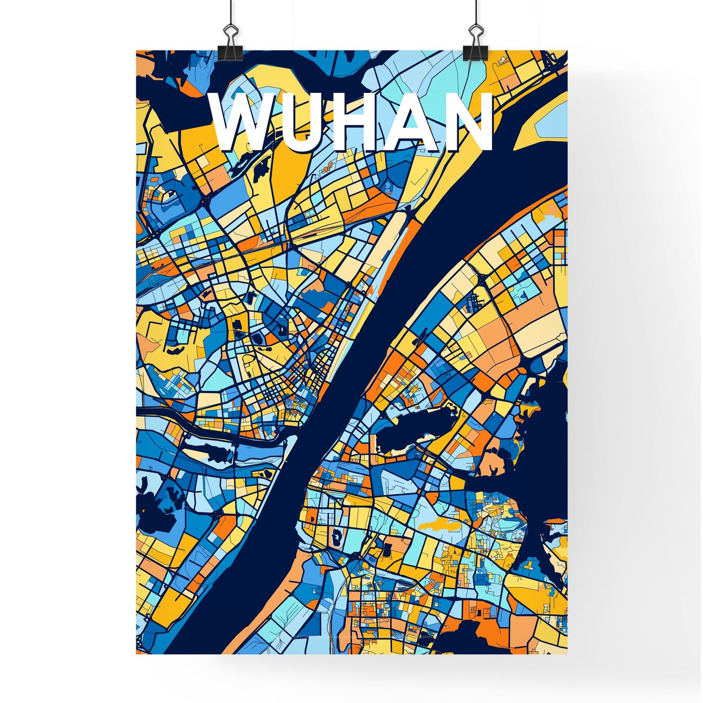 WUHAN CHINA Vibrant Colorful Art Map Poster Blue Orange