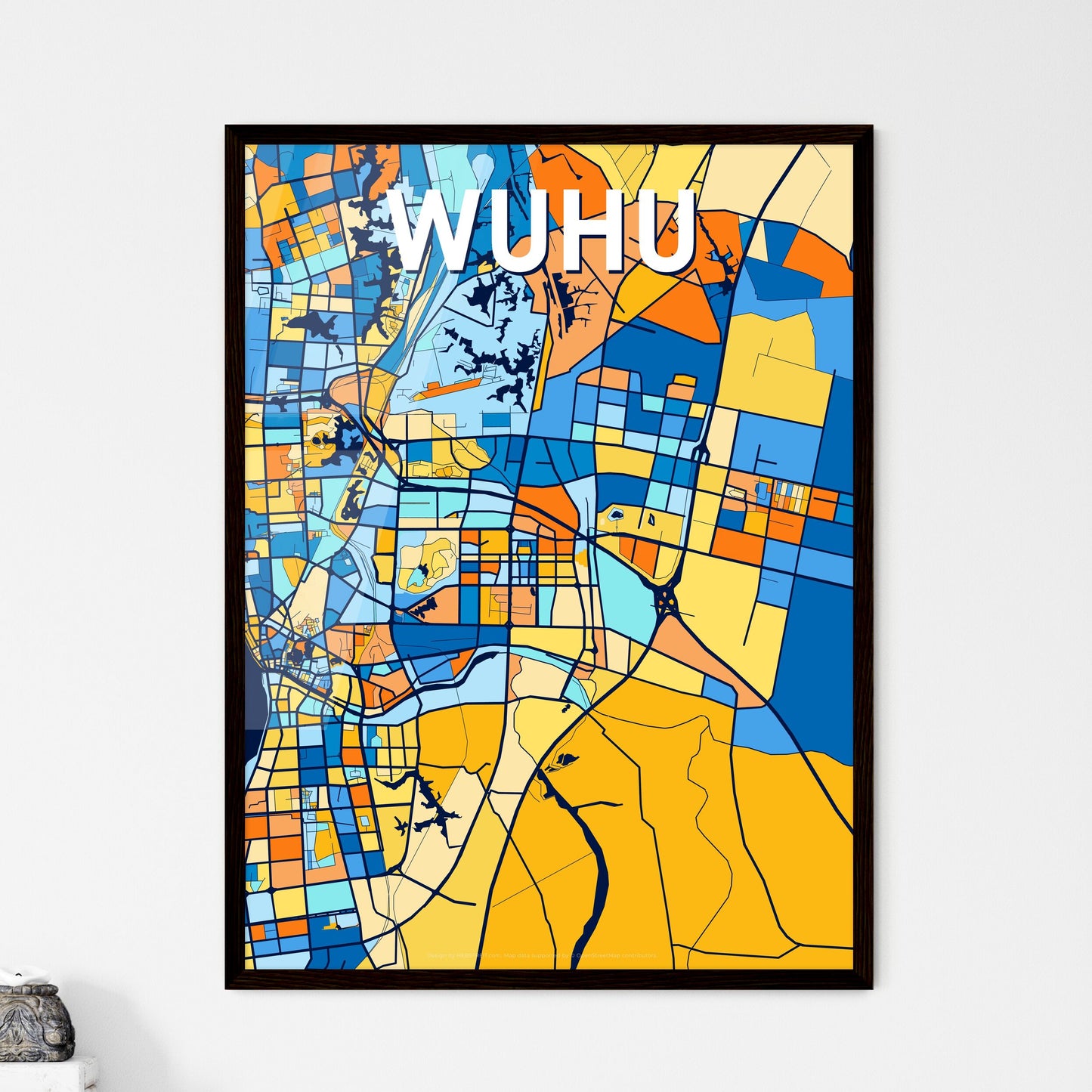 WUHU CHINA Vibrant Colorful Art Map Poster Blue Orange