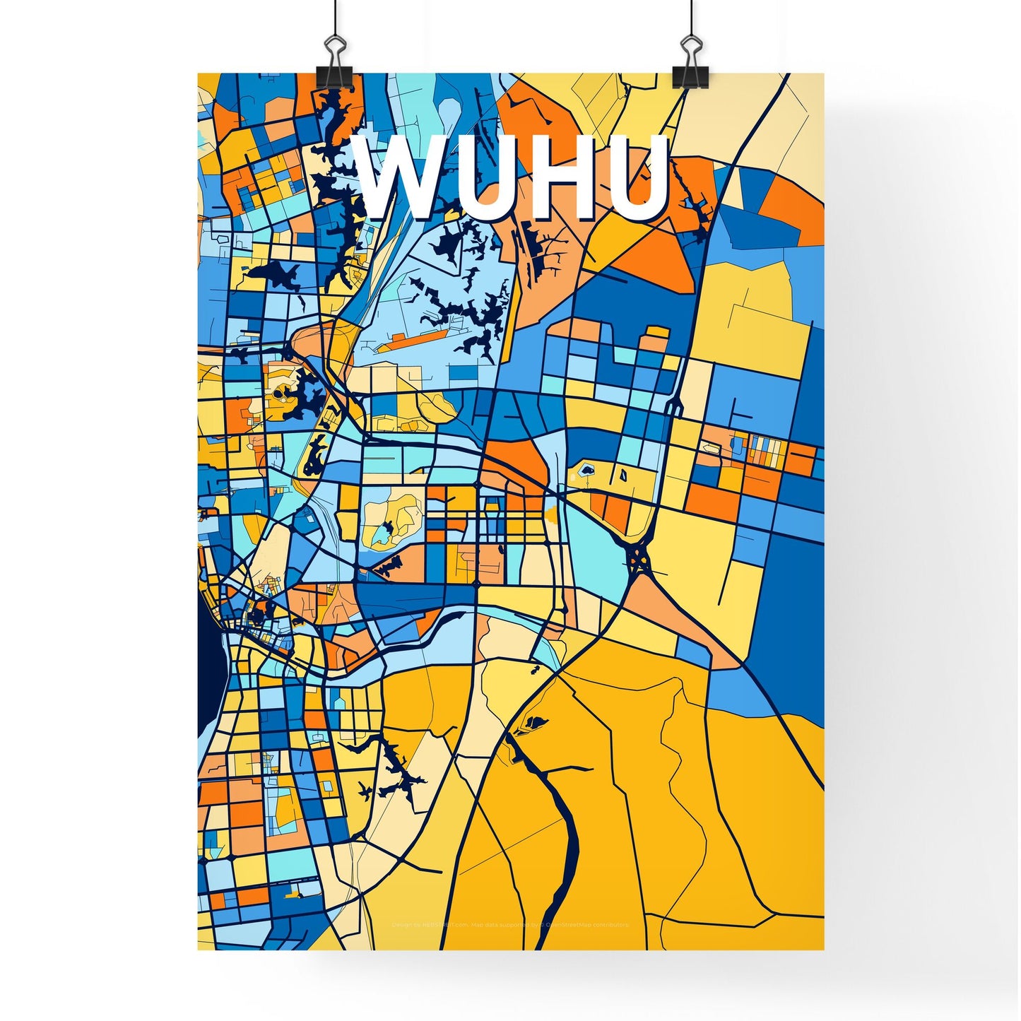 WUHU CHINA Vibrant Colorful Art Map Poster Blue Orange