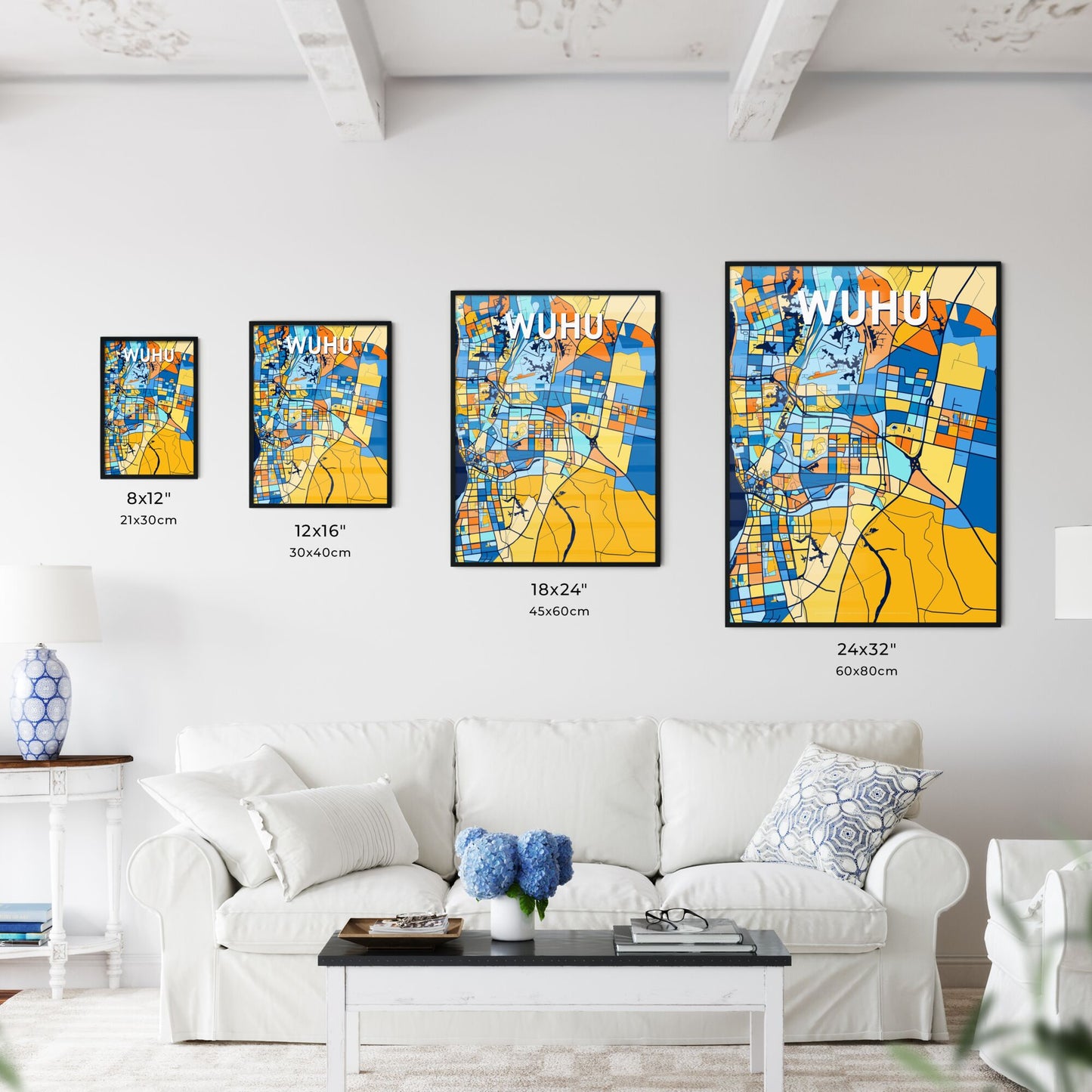 WUHU CHINA Vibrant Colorful Art Map Poster Blue Orange