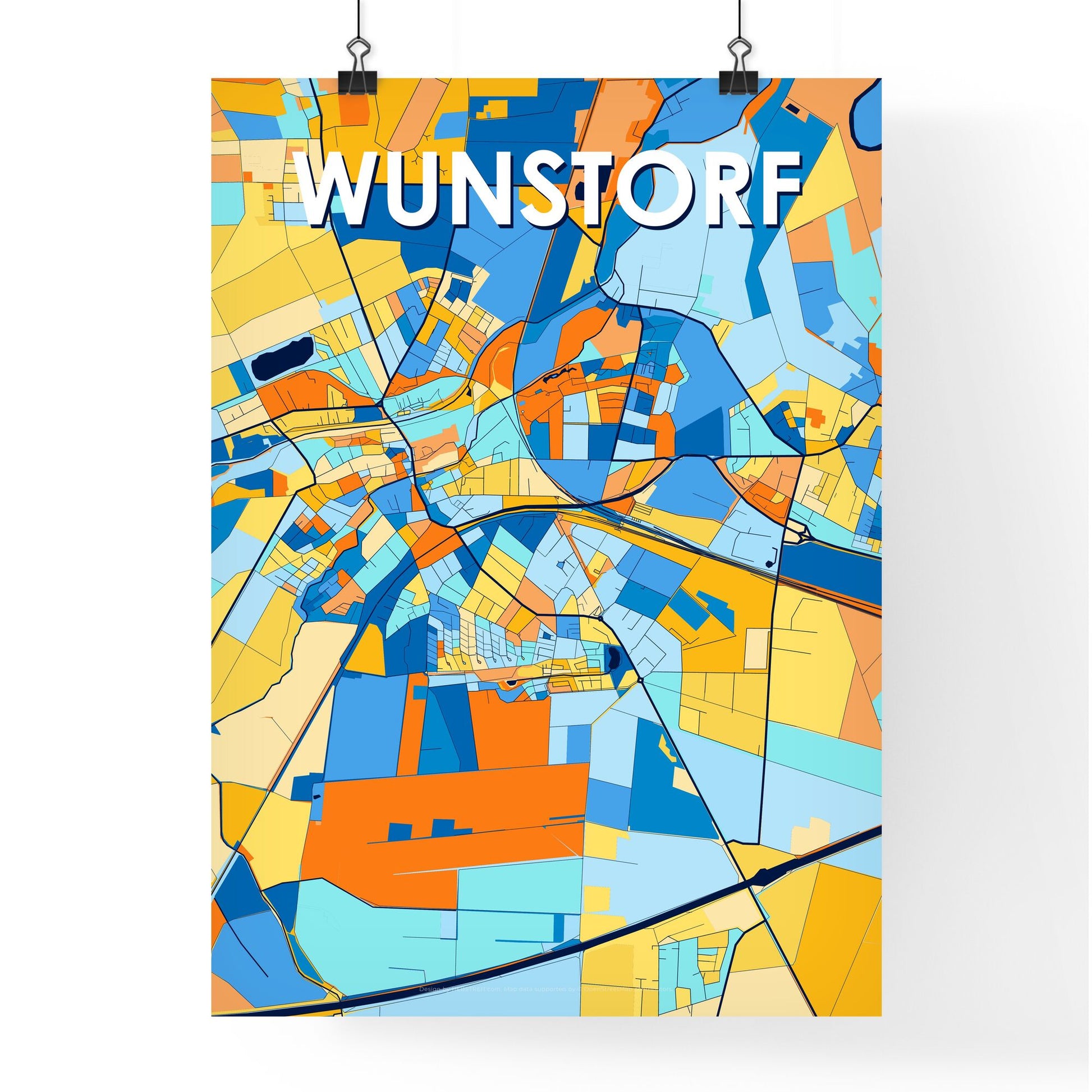 WUNSTORF GERMANY Vibrant Colorful Art Map Poster Blue Orange