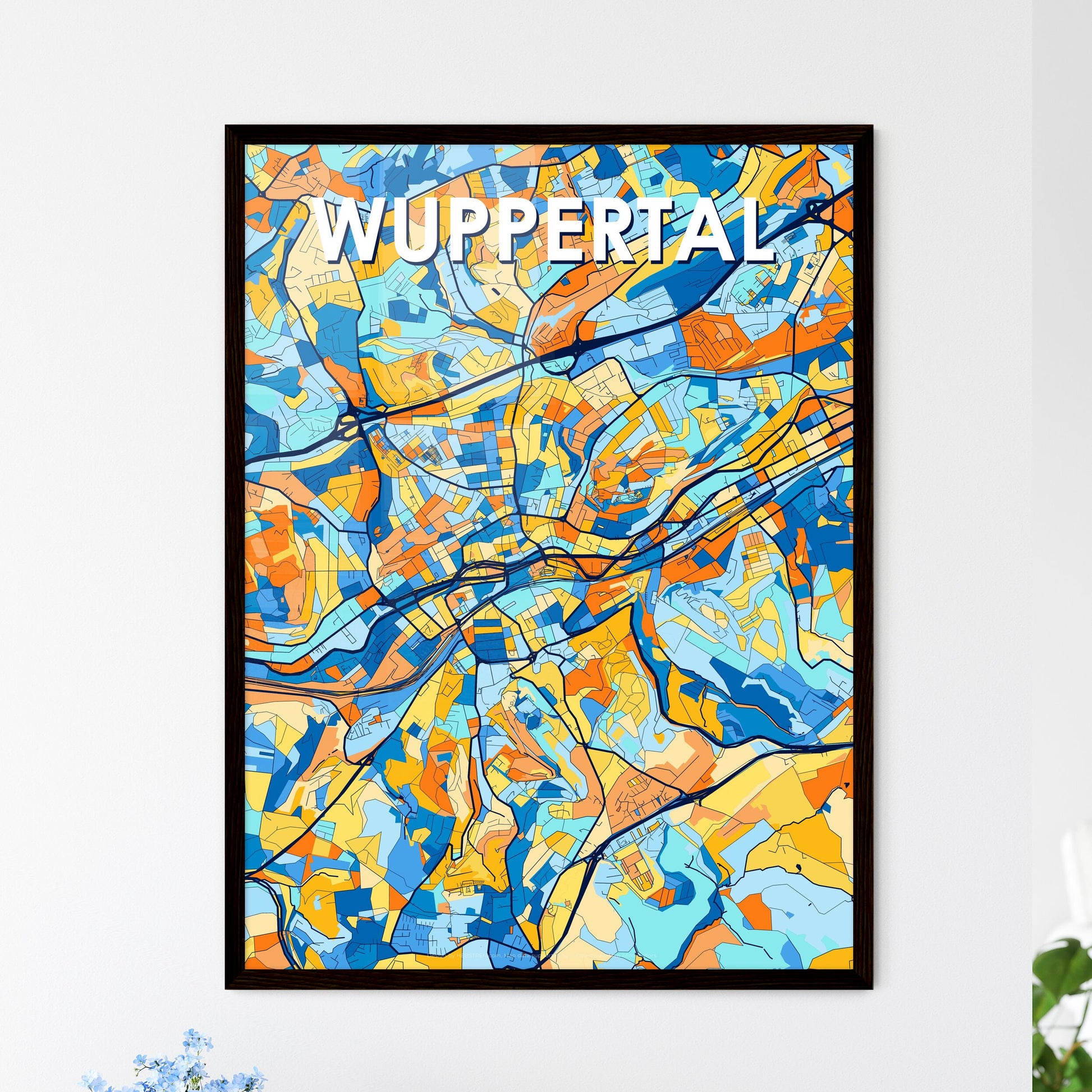 WUPPERTAL GERMANY Vibrant Colorful Art Map Poster Blue Orange