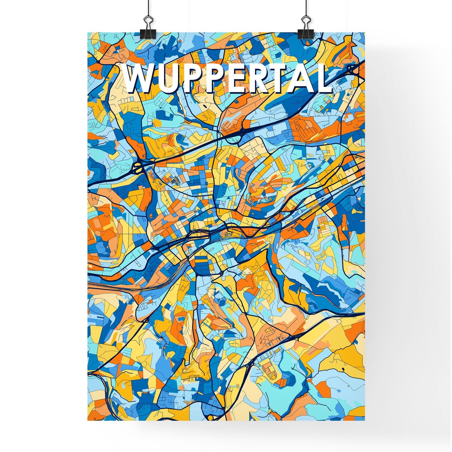 WUPPERTAL GERMANY Vibrant Colorful Art Map Poster Blue Orange