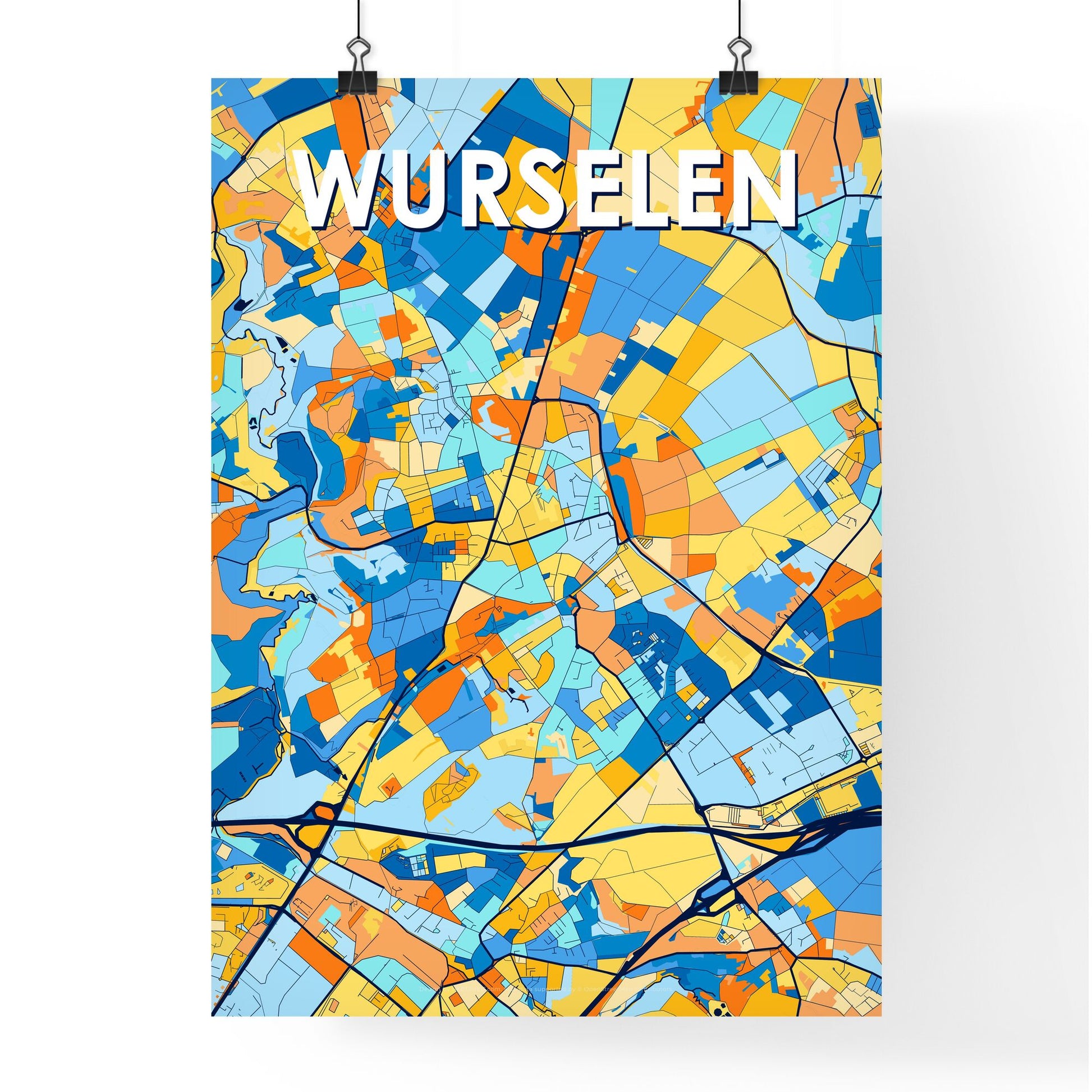 WURSELEN GERMANY Vibrant Colorful Art Map Poster Blue Orange