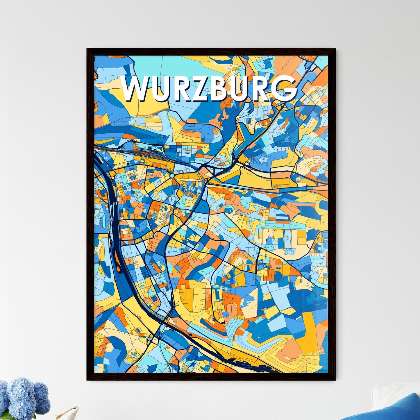 WURZBURG GERMANY Vibrant Colorful Art Map Poster Blue Orange