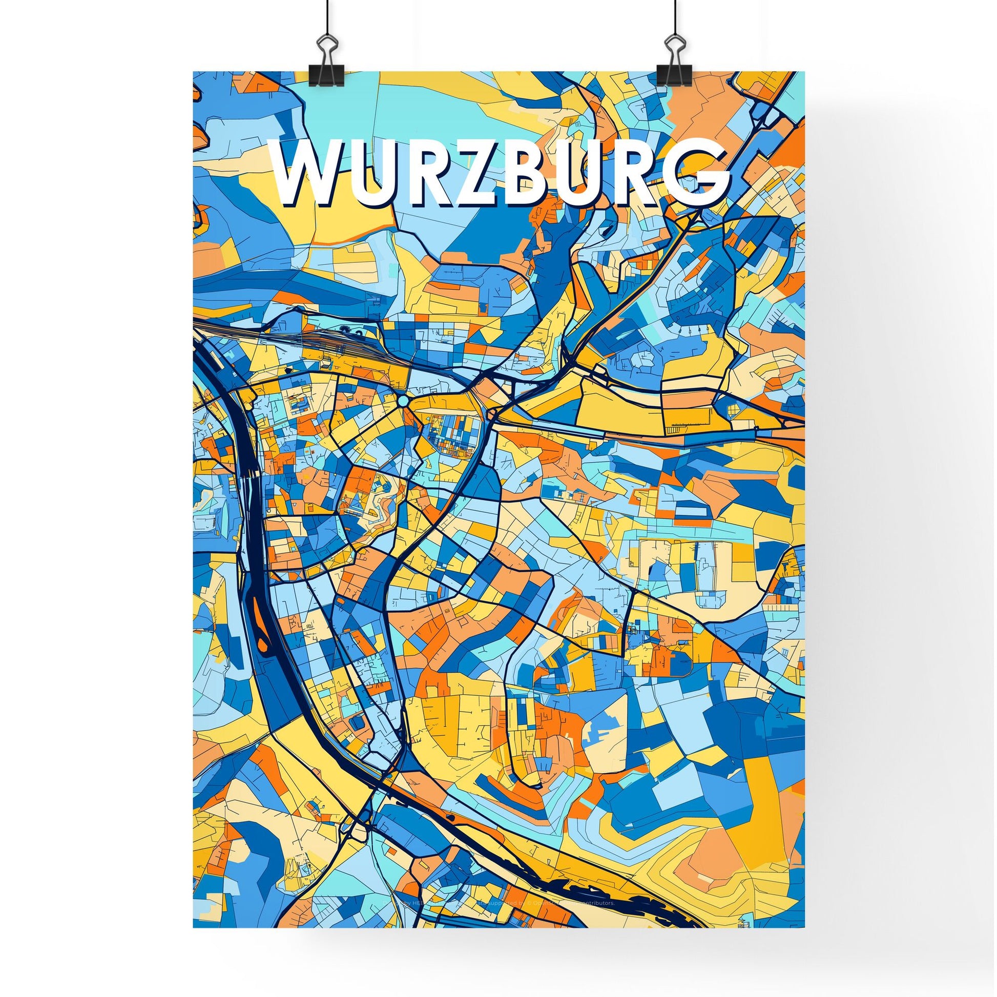 WURZBURG GERMANY Vibrant Colorful Art Map Poster Blue Orange