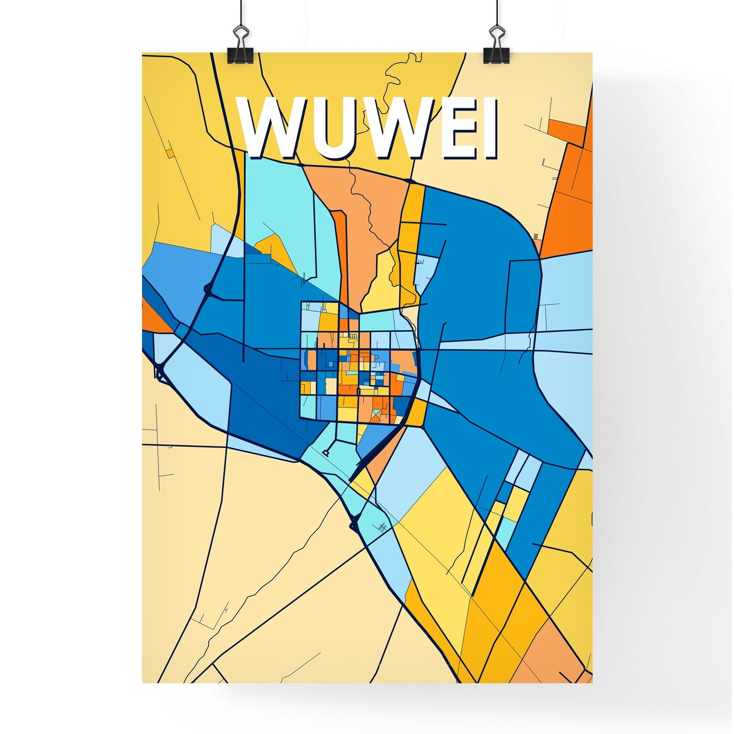 WUWEI CHINA Vibrant Colorful Art Map Poster Blue Orange