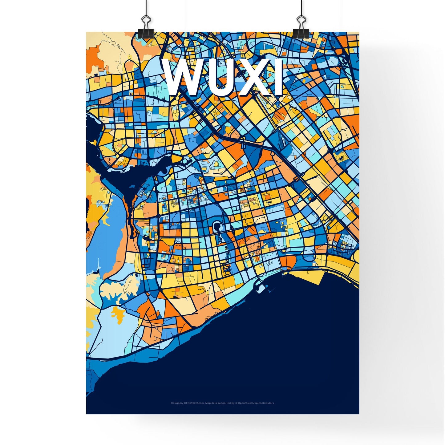 WUXI CHINA Vibrant Colorful Art Map Poster Blue Orange