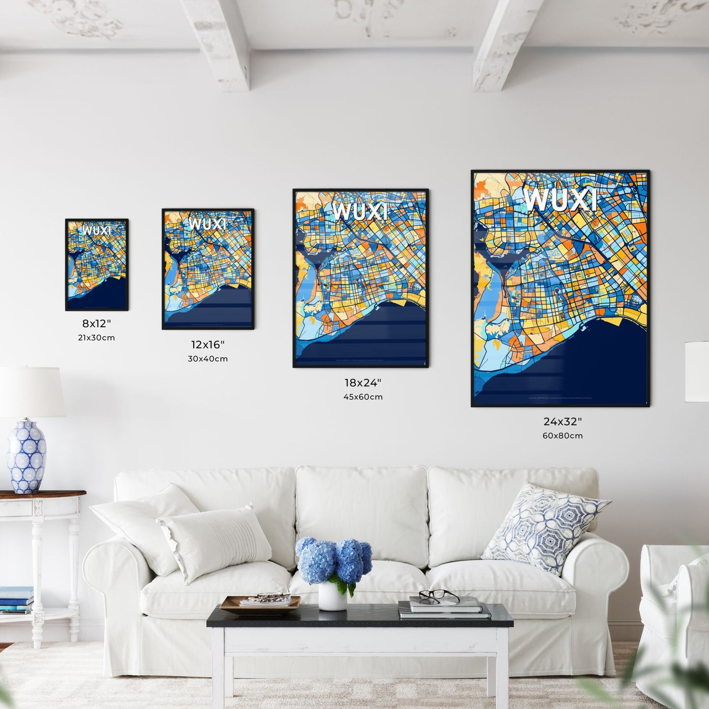 WUXI CHINA Vibrant Colorful Art Map Poster Blue Orange