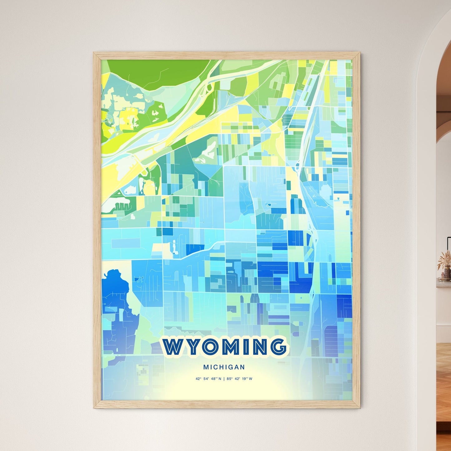 Colorful Wyoming Michigan Fine Art Map Cool Blue