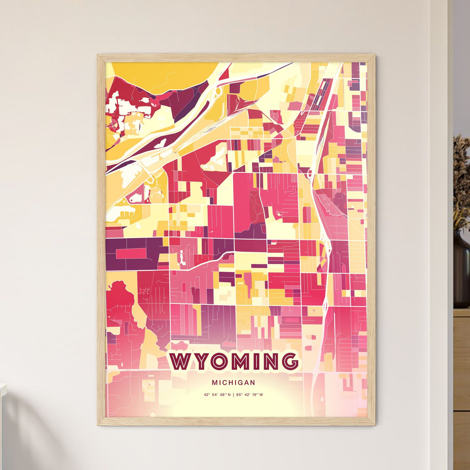 Colorful Wyoming Michigan Fine Art Map Hot Red