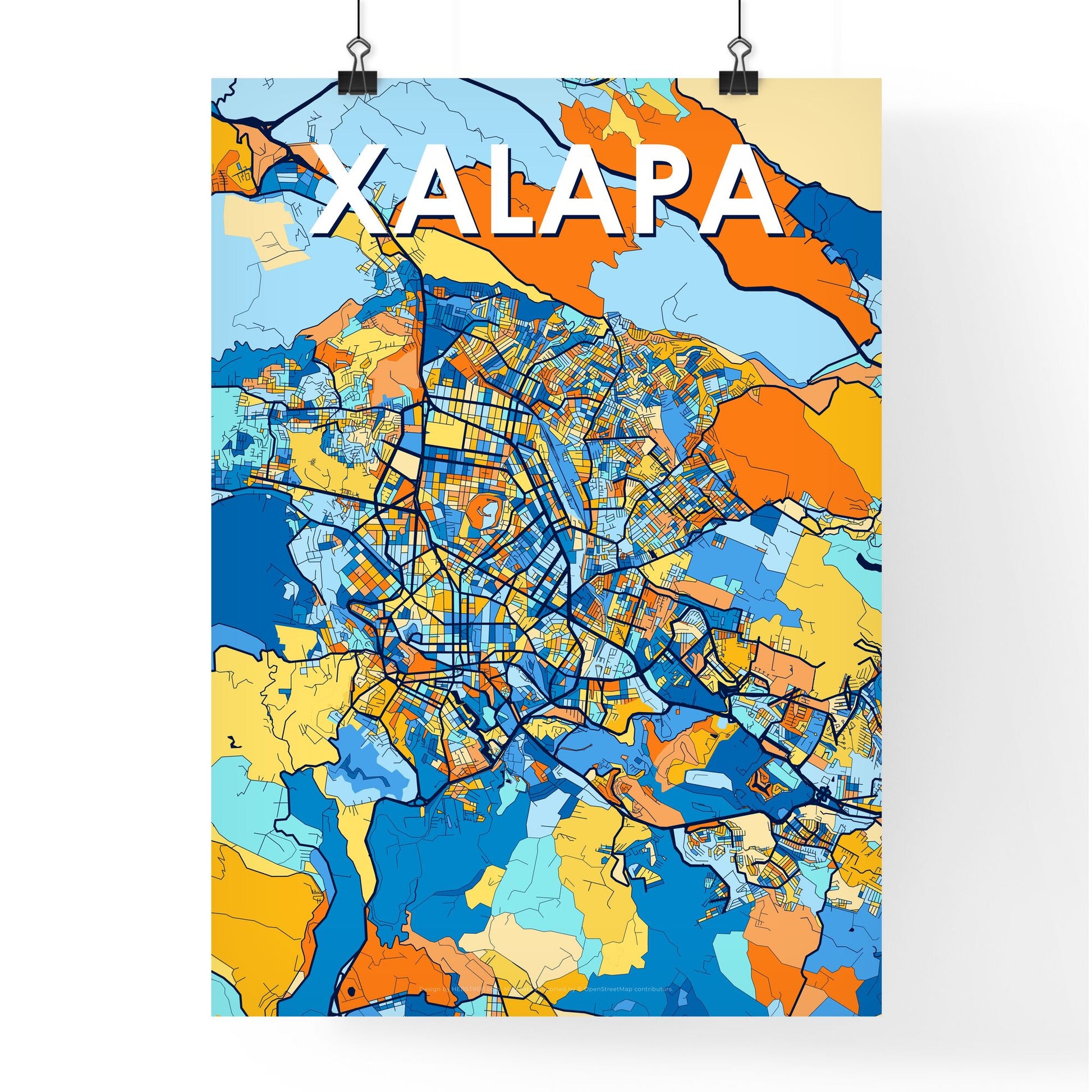 XALAPA MEXICO Vibrant Colorful Art Map Poster Blue Orange