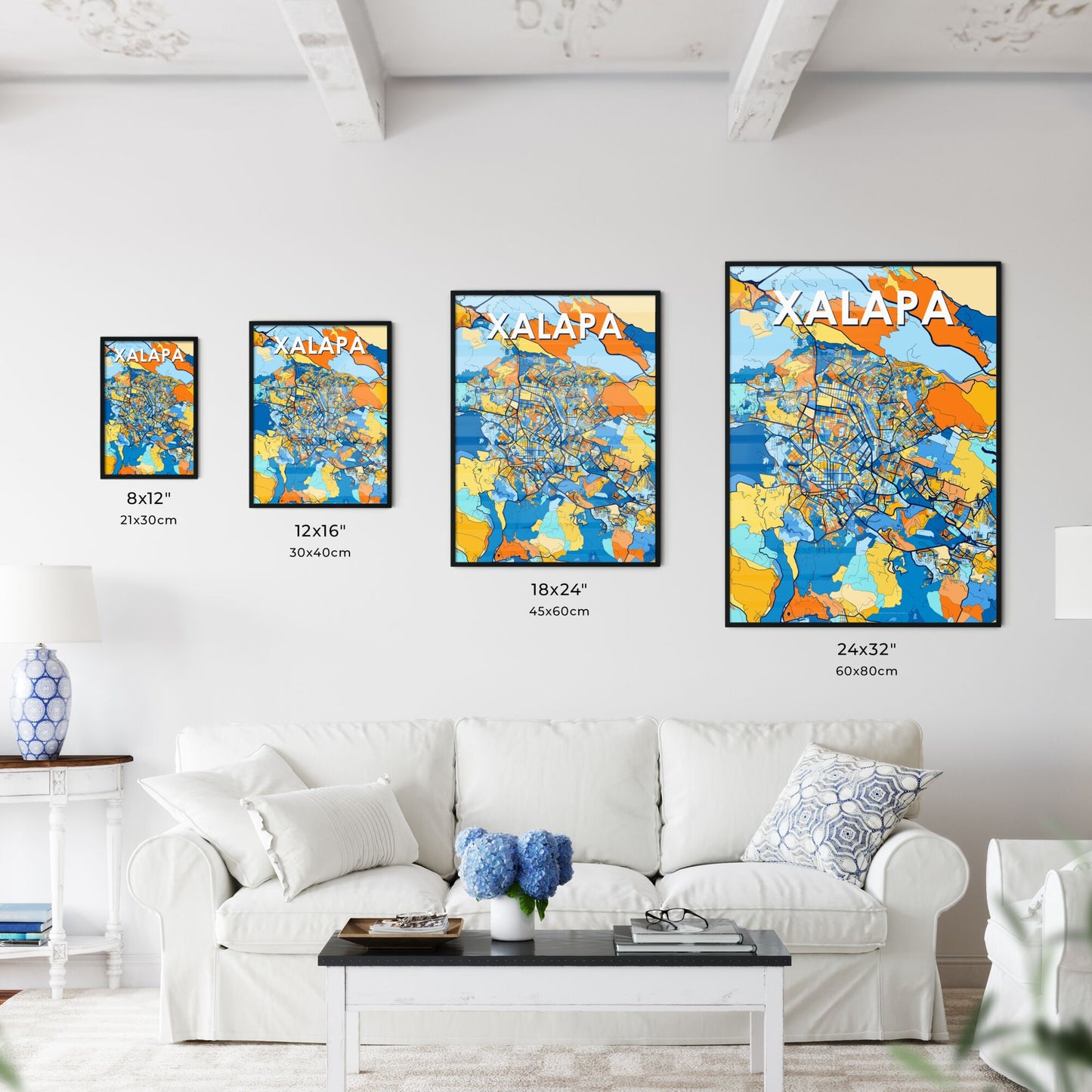 XALAPA MEXICO Vibrant Colorful Art Map Poster Blue Orange