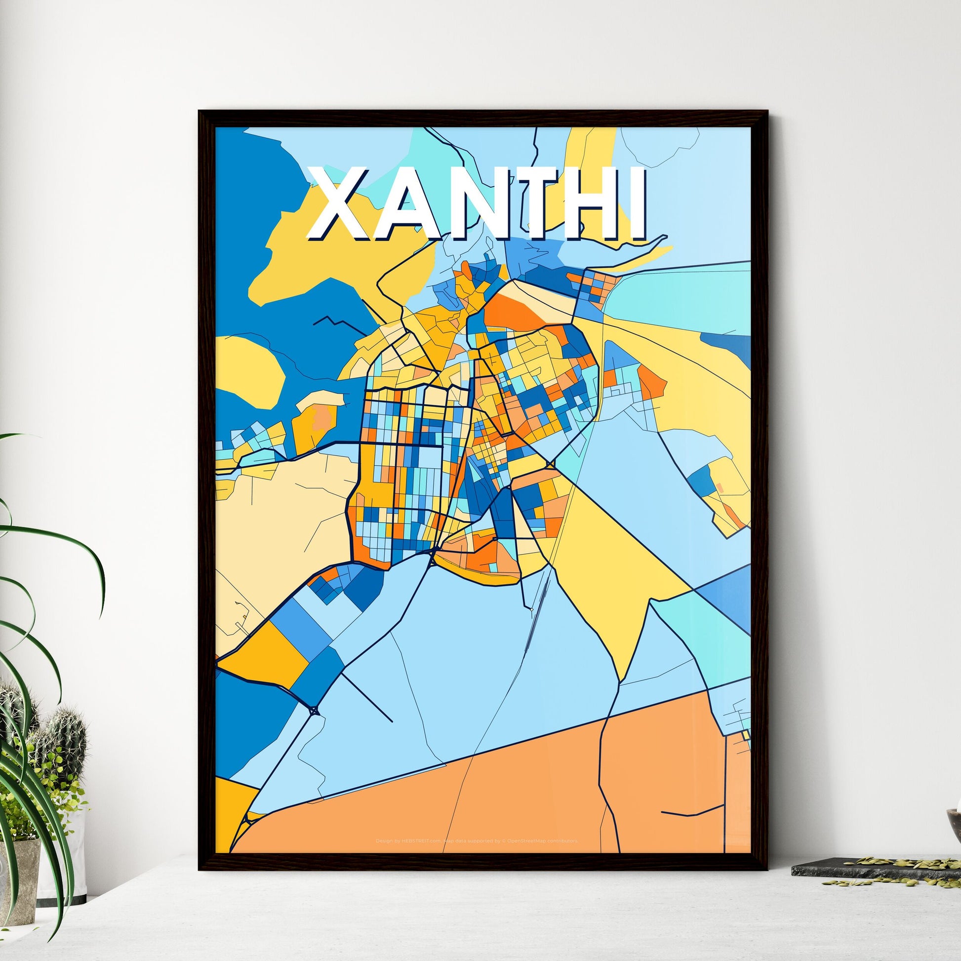 XANTHI GREECE Vibrant Colorful Art Map Poster Blue Orange