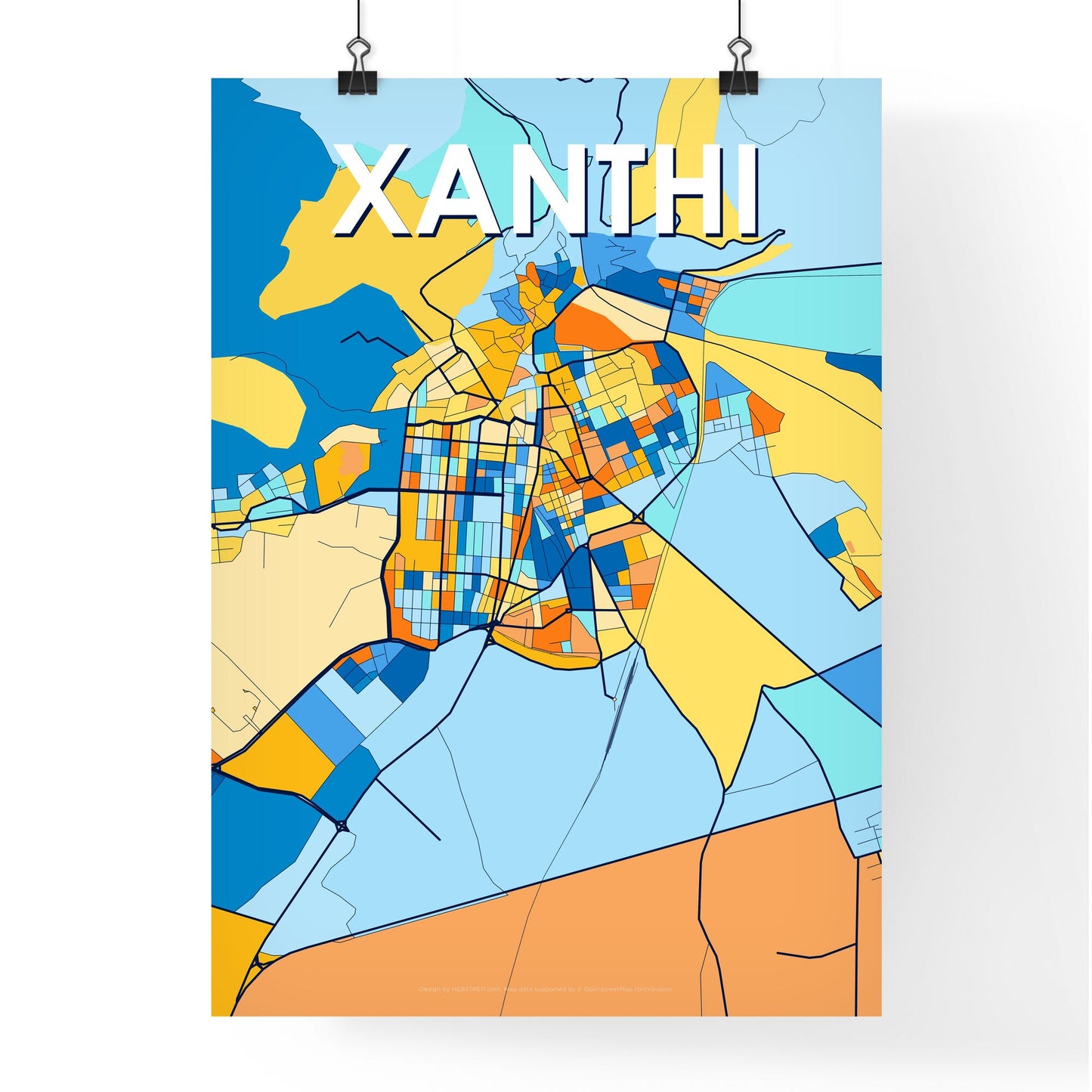 XANTHI GREECE Vibrant Colorful Art Map Poster Blue Orange