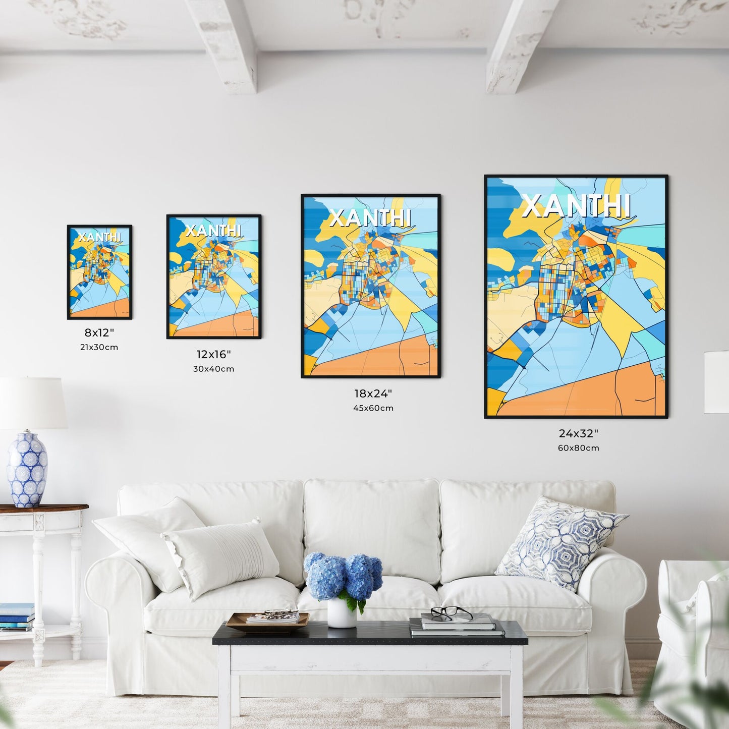 XANTHI GREECE Vibrant Colorful Art Map Poster Blue Orange