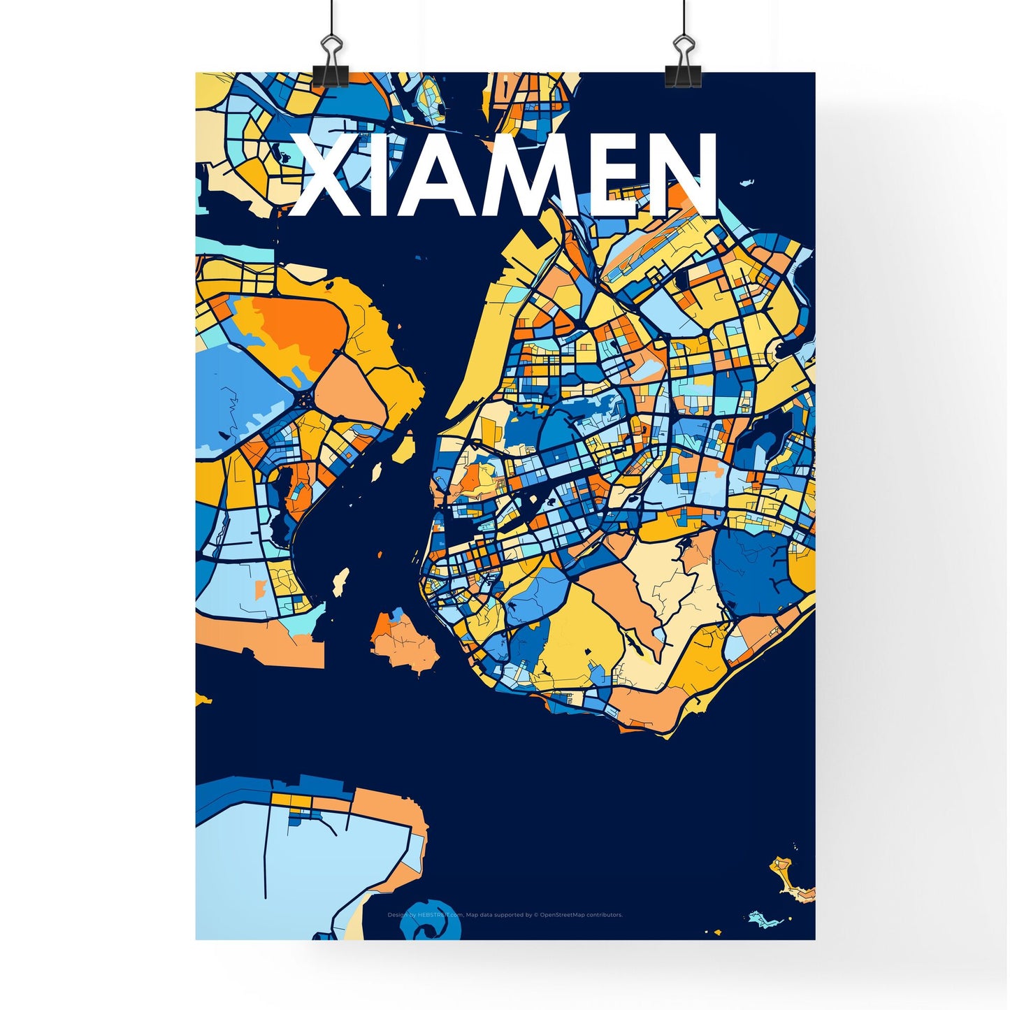 XIAMEN CHINA Vibrant Colorful Art Map Poster Blue Orange