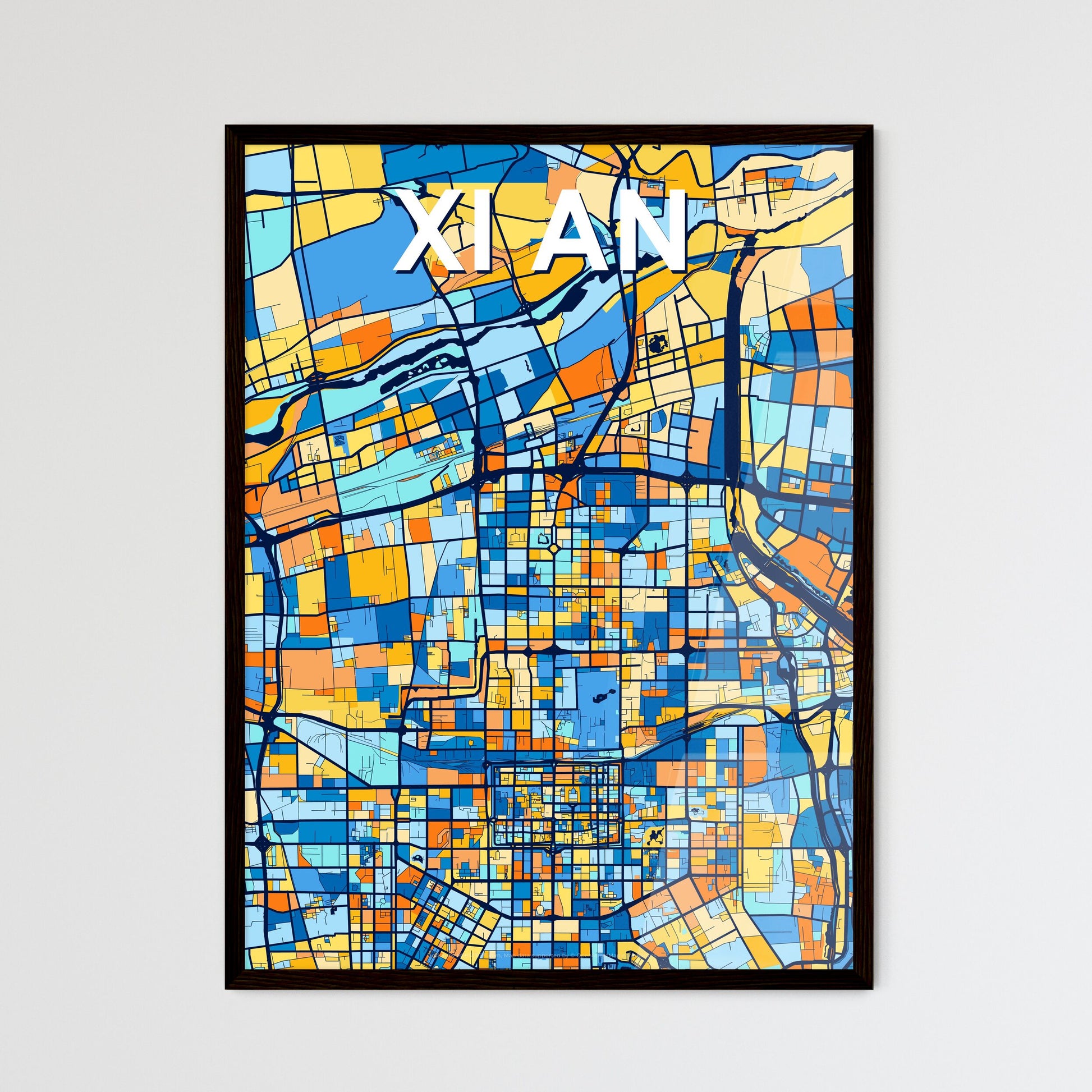 XI AN CHINA Vibrant Colorful Art Map Poster Blue Orange