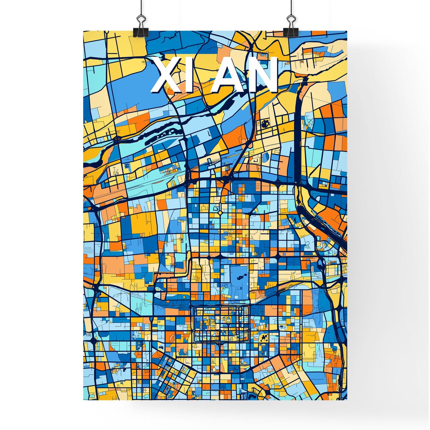 XI AN CHINA Vibrant Colorful Art Map Poster Blue Orange