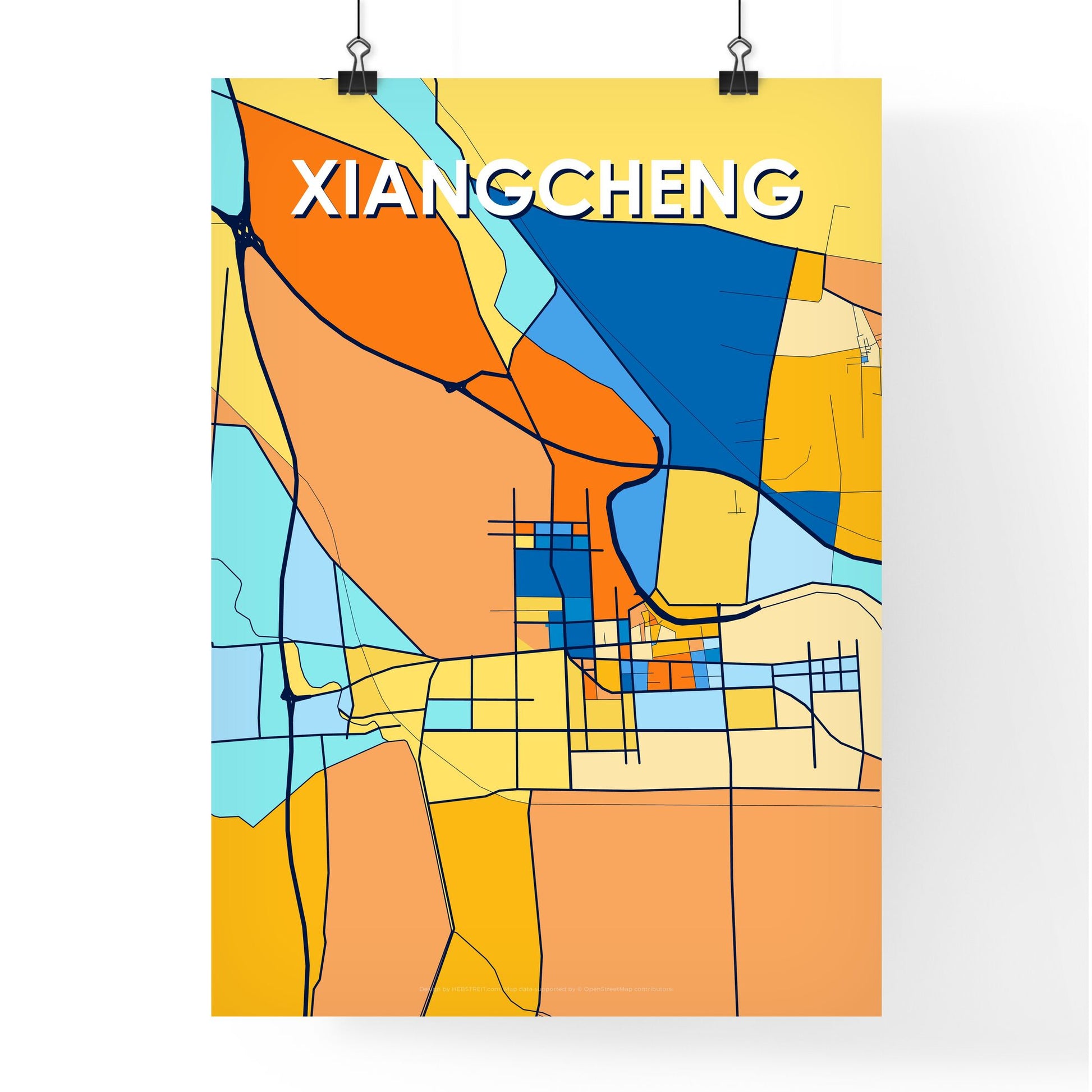 XIANGCHENG CHINA Vibrant Colorful Art Map Poster Blue Orange