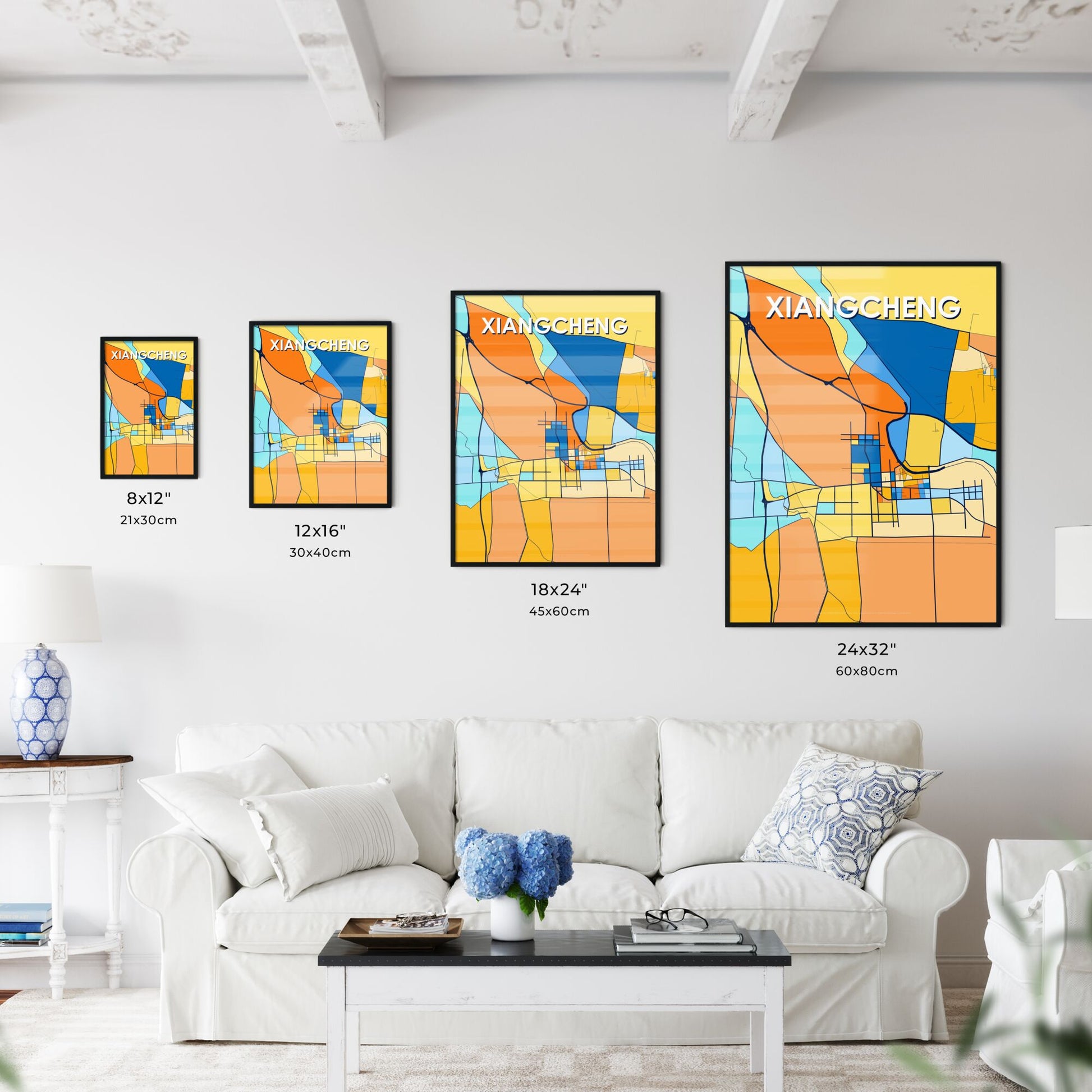 XIANGCHENG CHINA Vibrant Colorful Art Map Poster Blue Orange